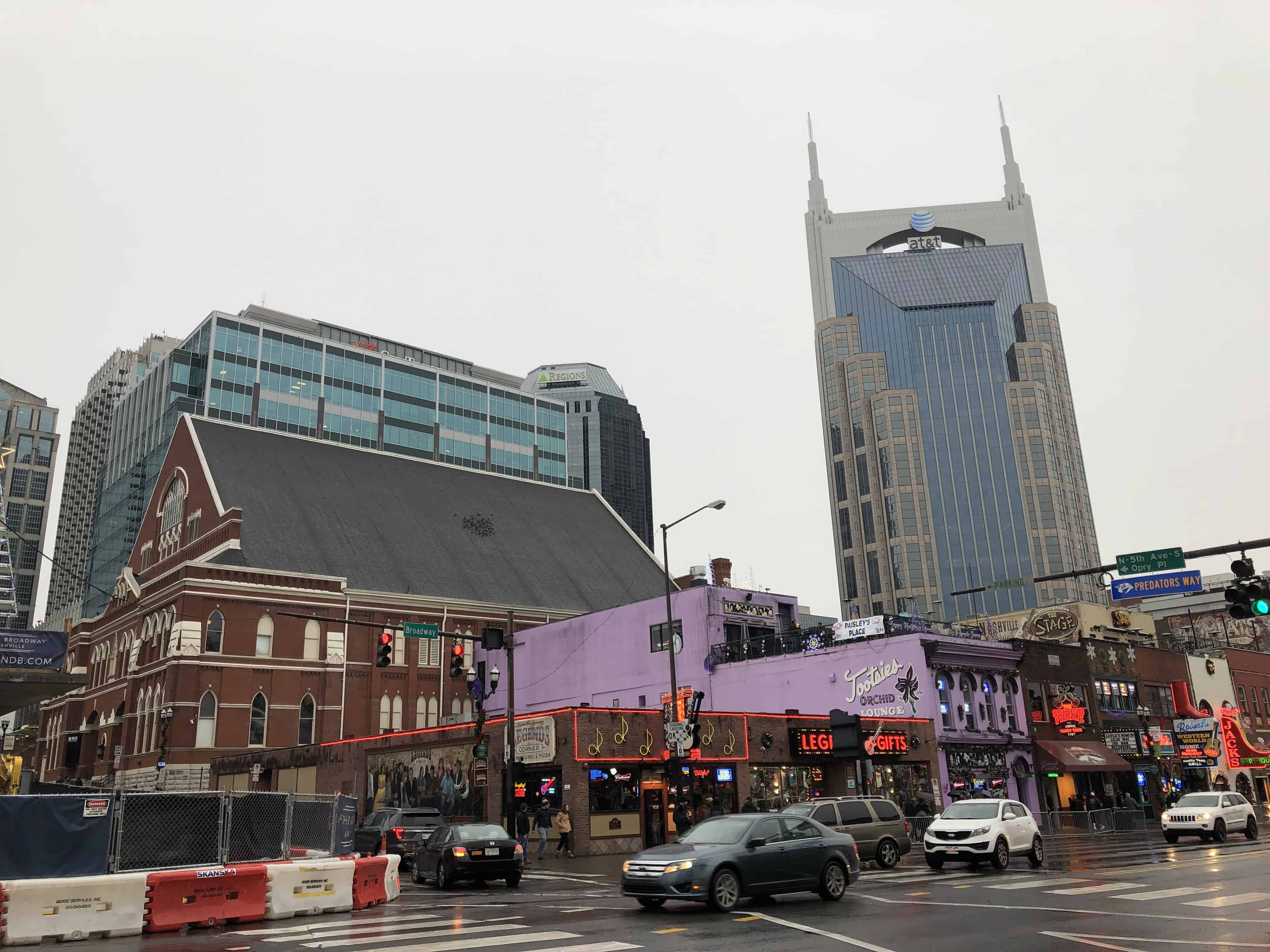 Ryman Auditorium (left) and AT&T Building (right) in Nashville, Tennessee