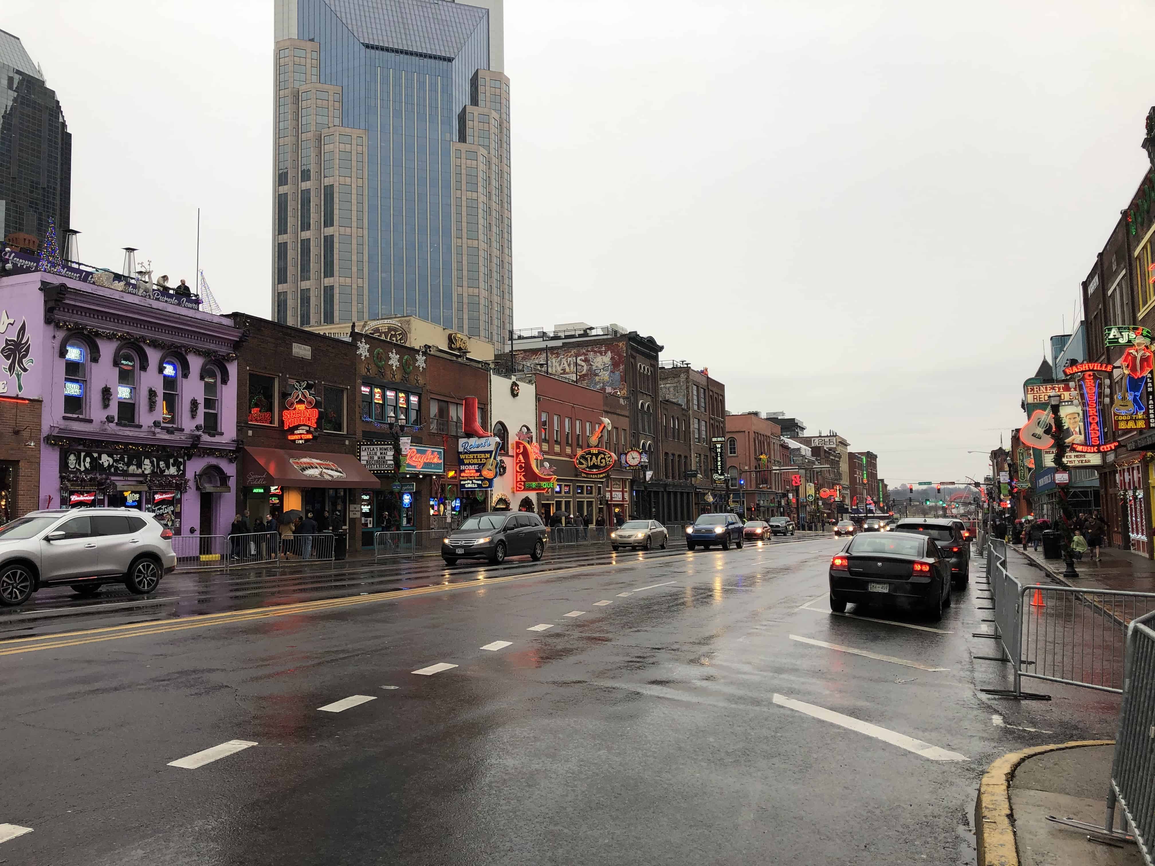Looking down lower Broadway in December 2018 in Nashville, Tennessee