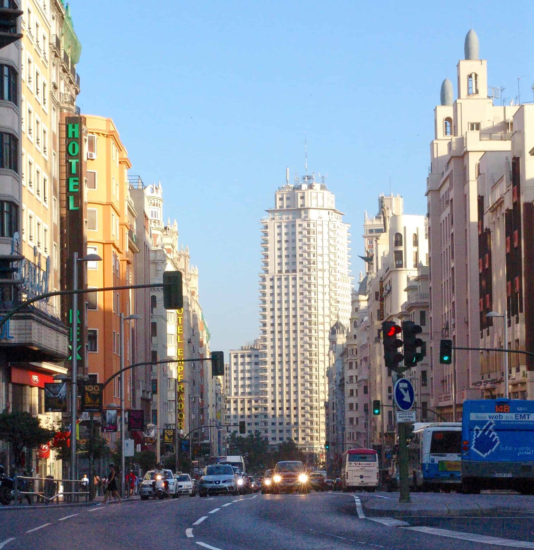 Looking down the Gran Vía towards Plaza de España in Madrid, Spain