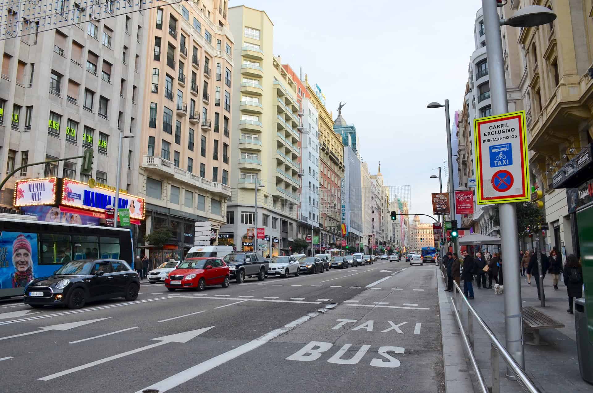 Looking down Gran Vía from Plaza de España in Madrid, Spain