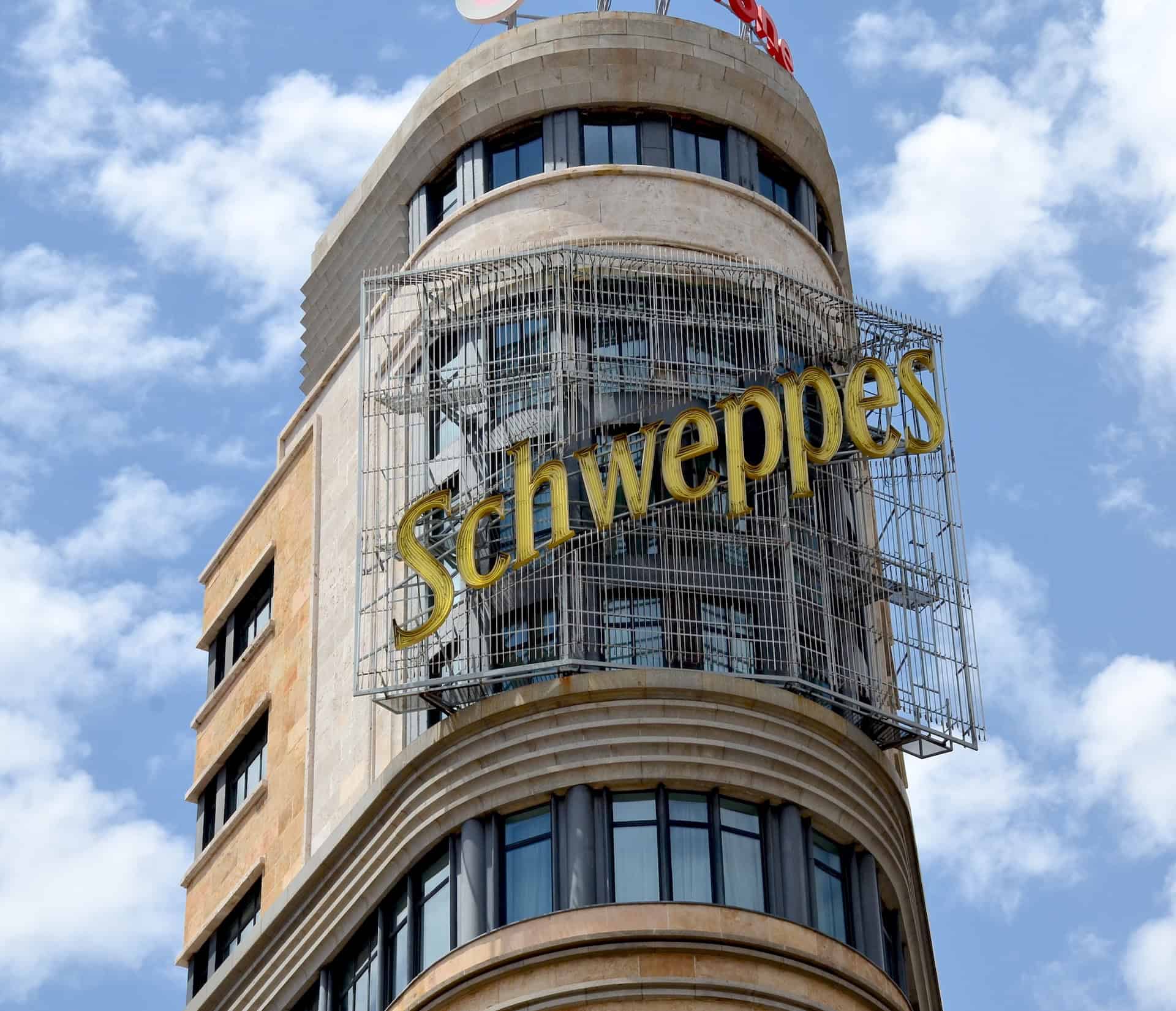 Schweppes sign on Edificio Capitol on Gran Vía in Madrid, Spain