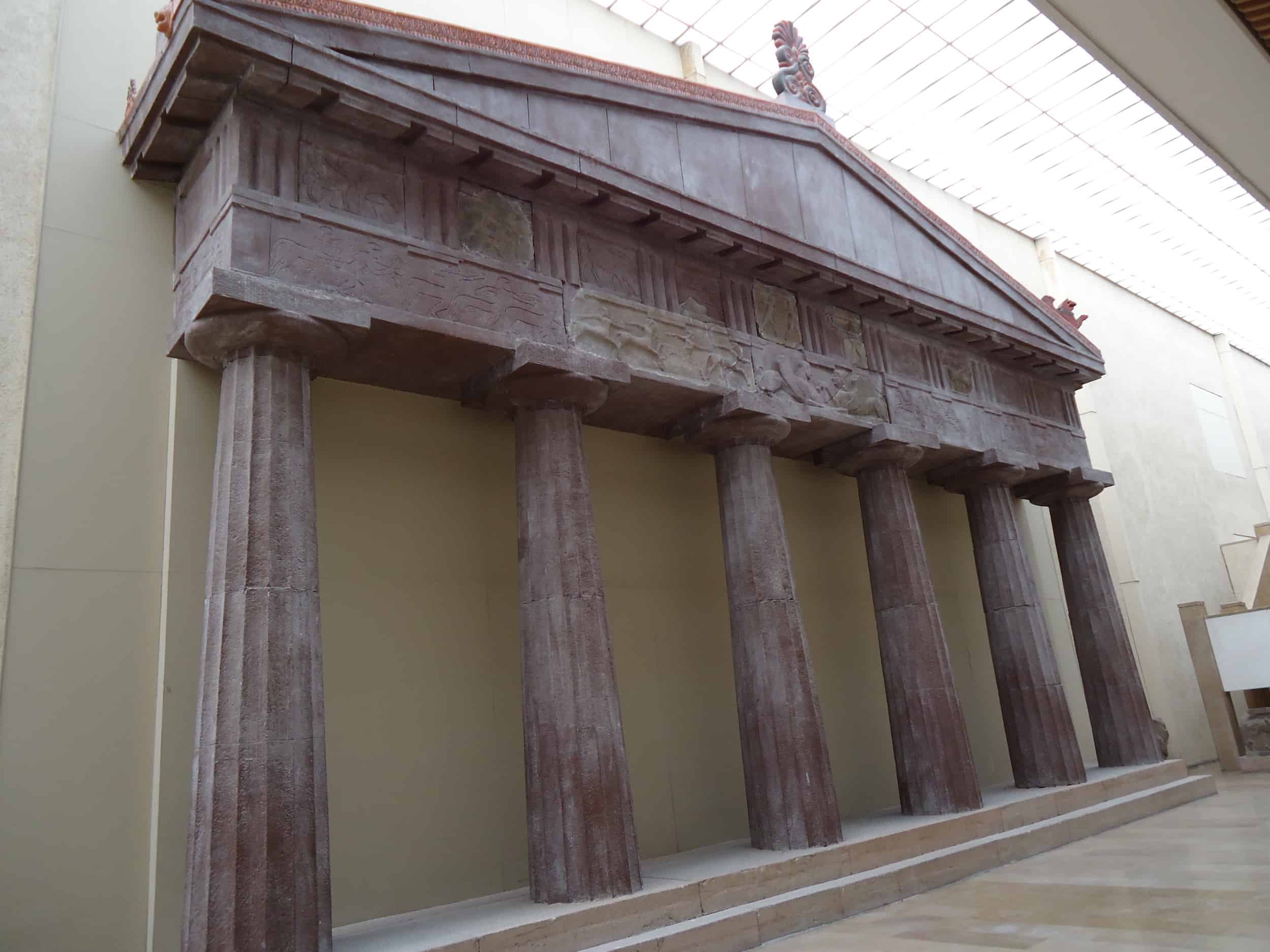 Pediment and columns of a temple from Assos at the Istanbul Archaeology Museum in Istanbul, Turkey