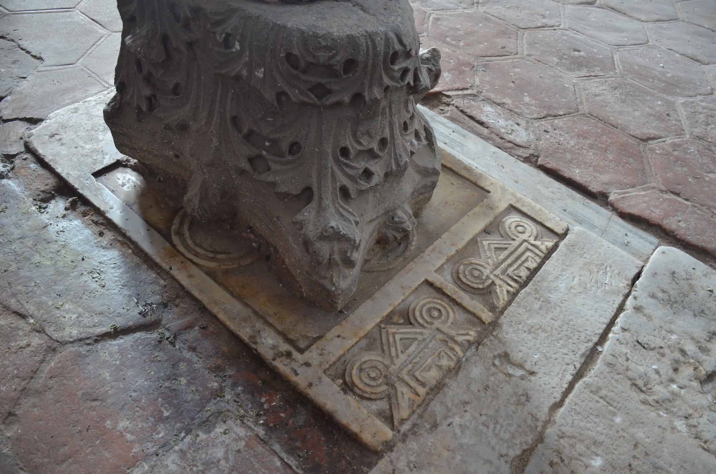 Recycled column capital and base in the north aisle of Hagia Eirini in Istanbul, Turkey