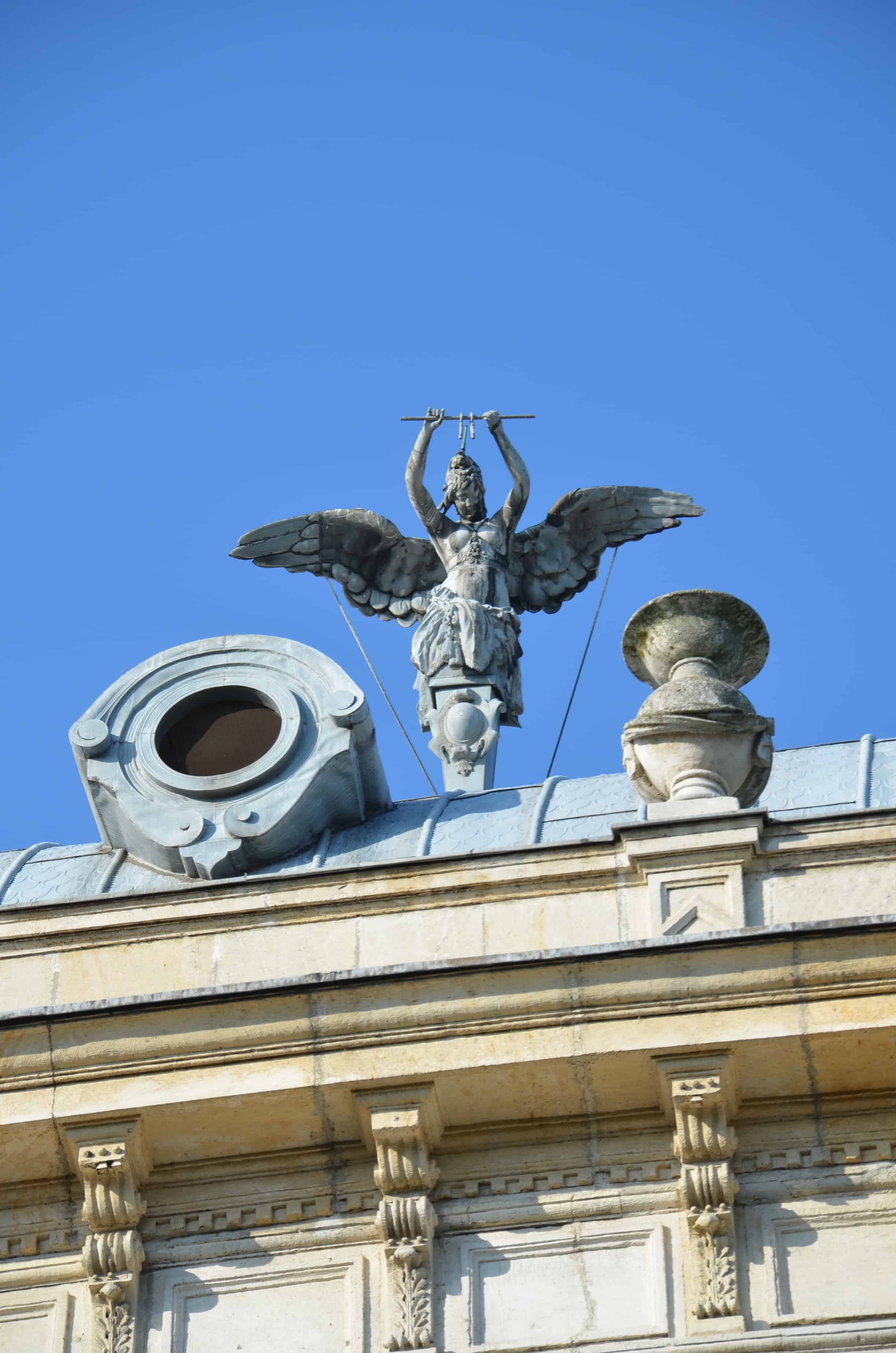 Mercury statue on Dohodnoto Zdanie (Revenue Building) at Ploshtad Svoboda in Ruse, Bulgaria