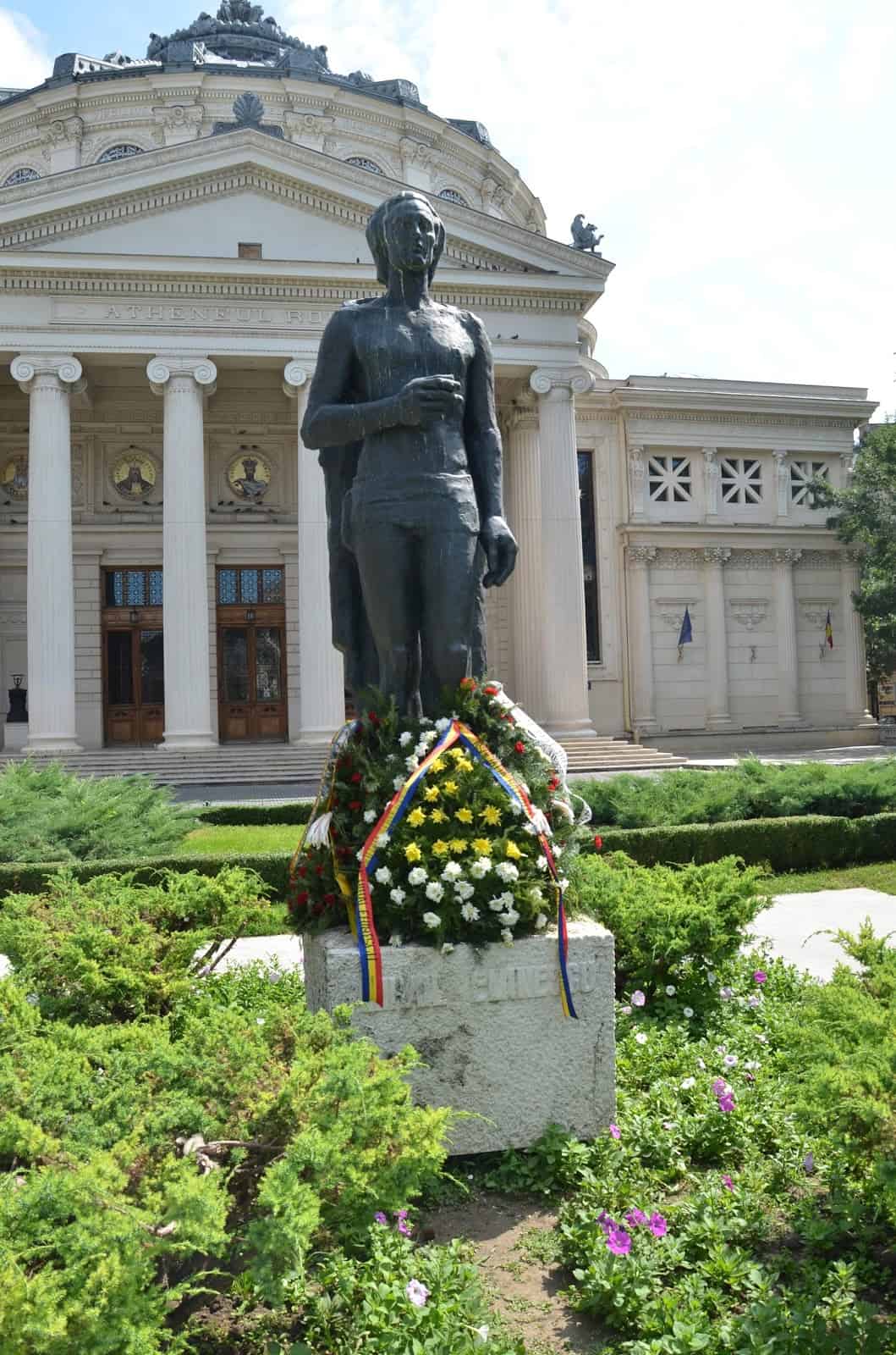 Mihai Eminescu statue at the Ateneul Român in Bucharest, Romania