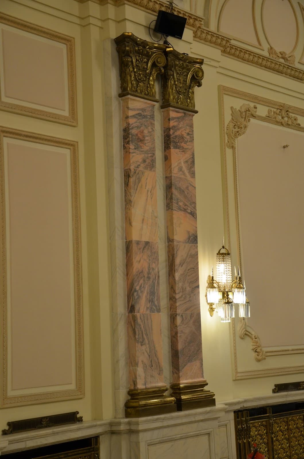 Marble pillars at Bălcescu Hall at Palace of Parliament in Bucharest, Romania