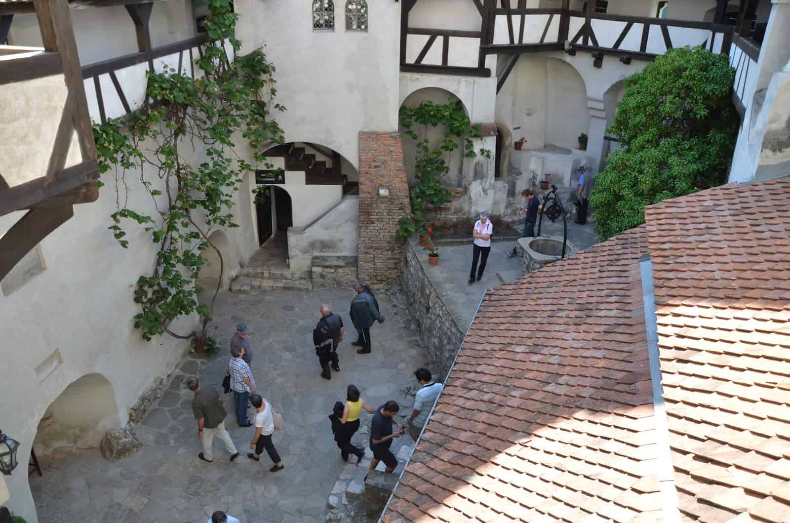Looking down on the inner courtyard at Bran Castle in Bran, Romania