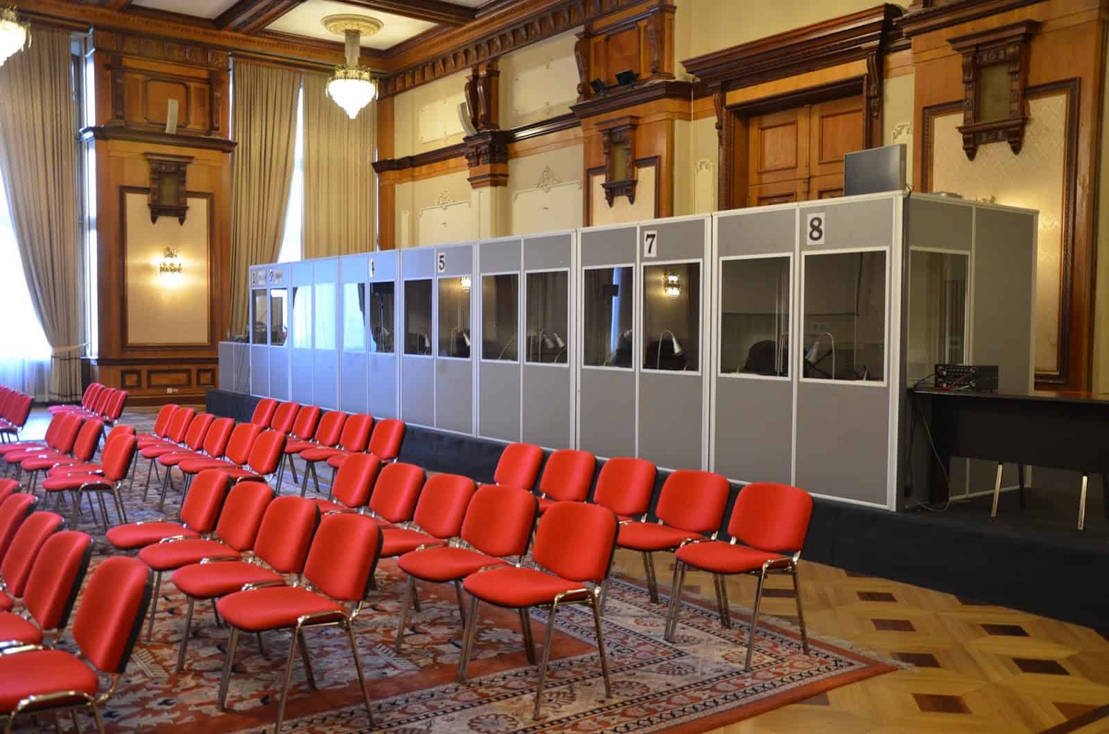 Translation booths in the meeting room at Palace of Parliament in Bucharest, Romania