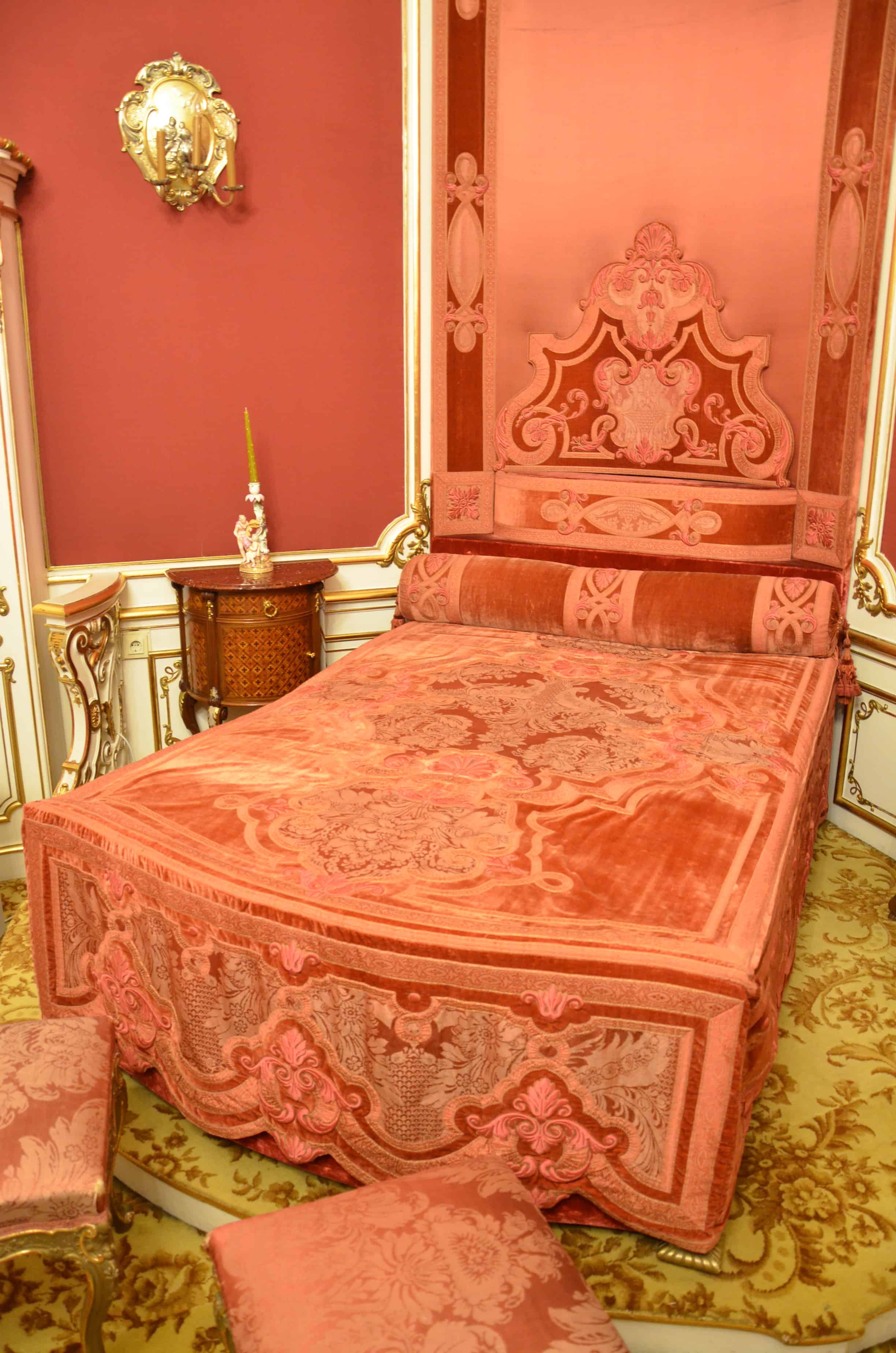 Bed where King Carlos II was born at Peleș Castle in Sinaia, Romania