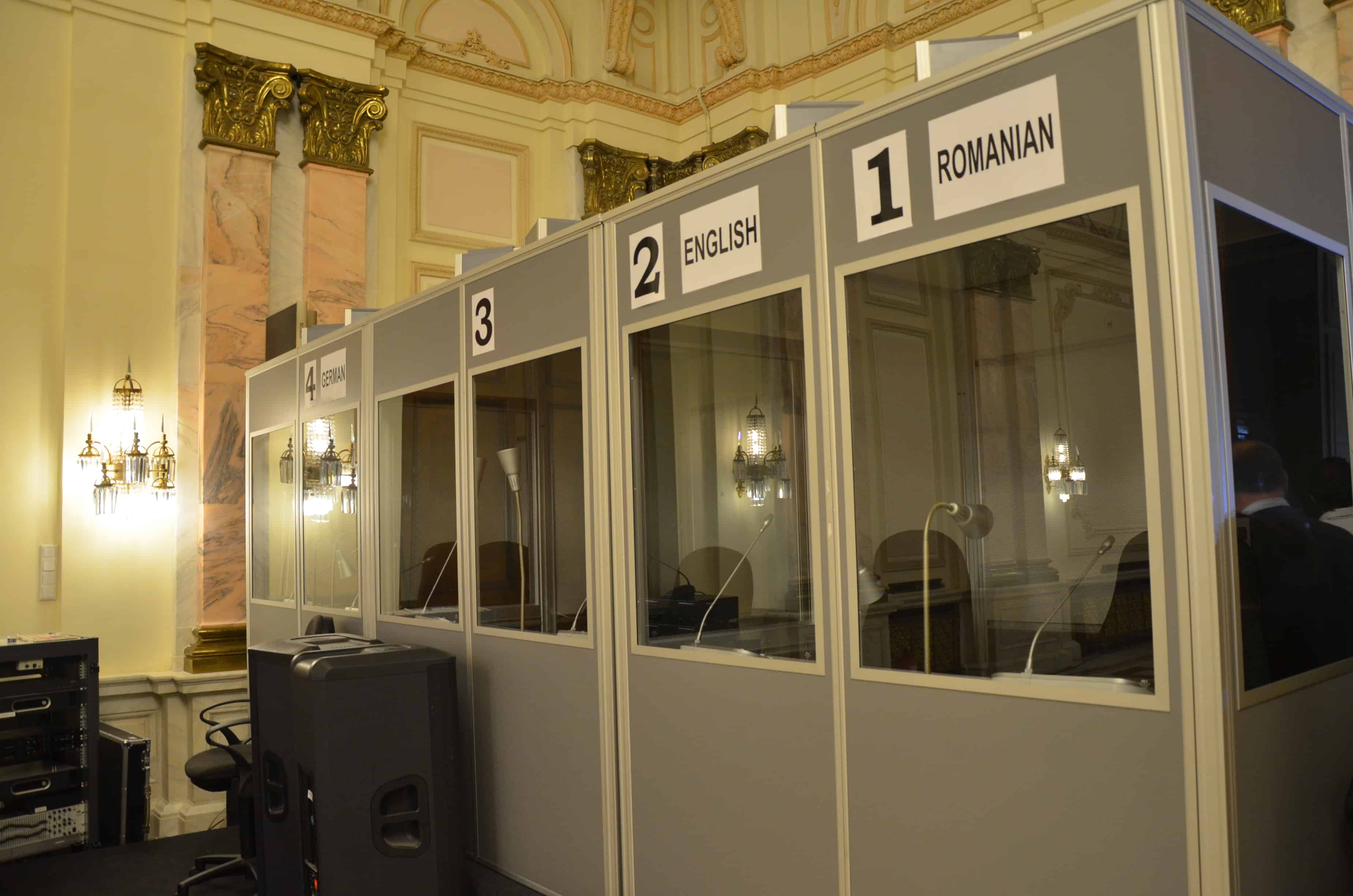 Translation booths in Bălcescu Hall at Palace of Parliament in Bucharest, Romania