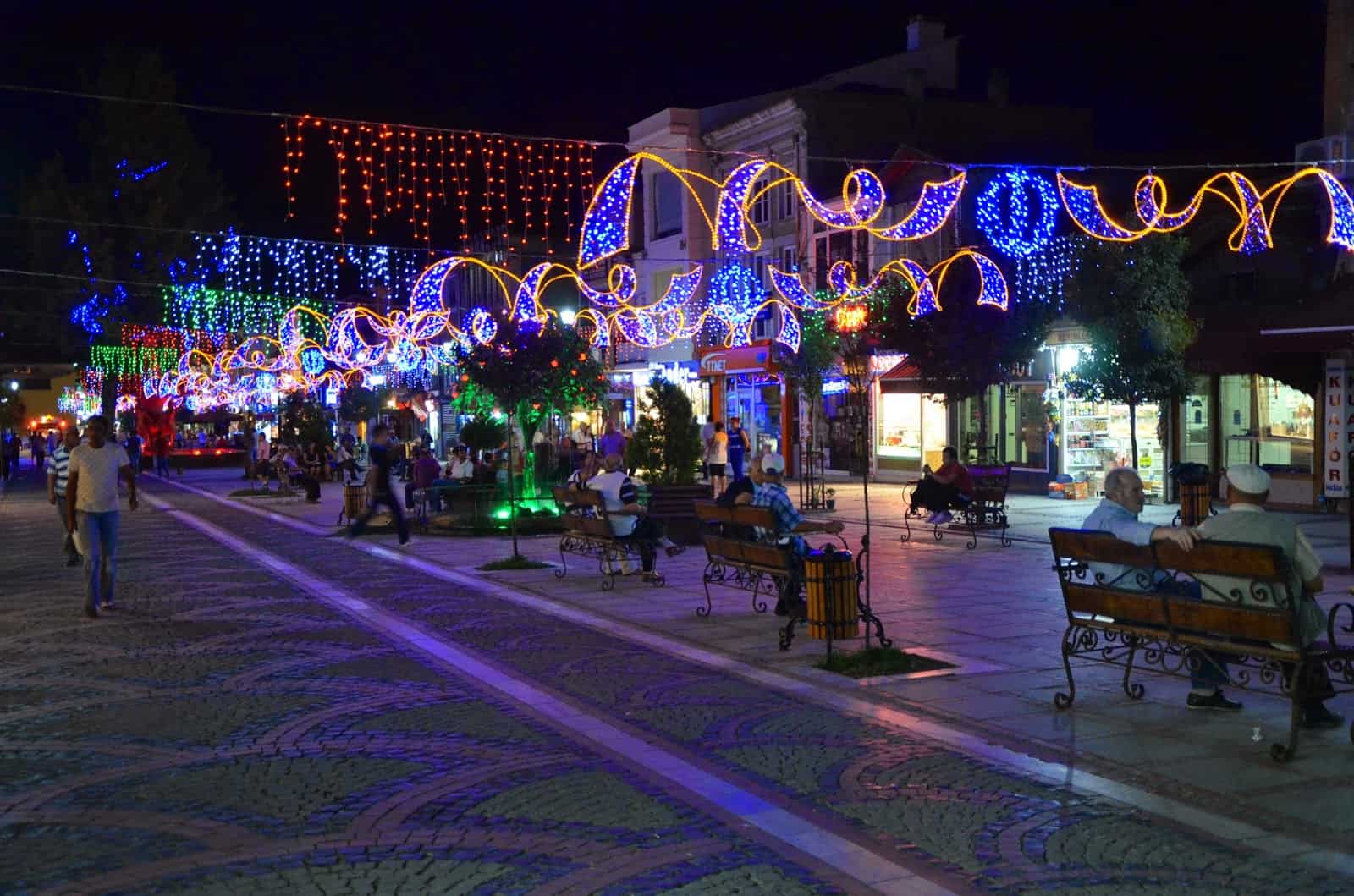 Saraçlar Street lit up at night in Edirne, Turkey