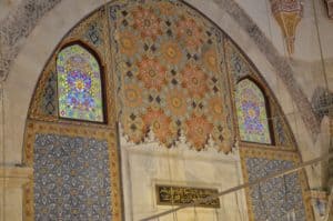 Artwork around the mihrab at the Mosque with Three Balconies in Edirne, Turkey
