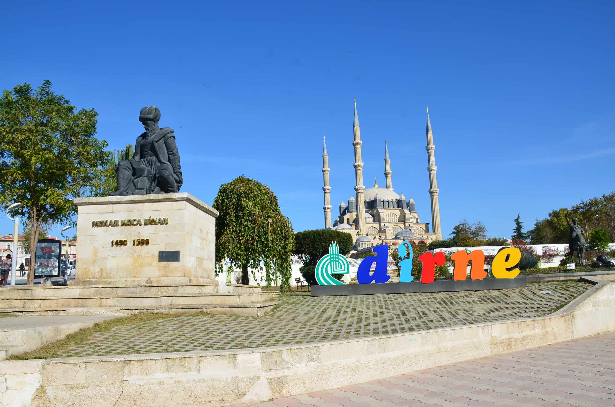 Edirne sign and Mimar Sinan monument in Edirne, Turkey