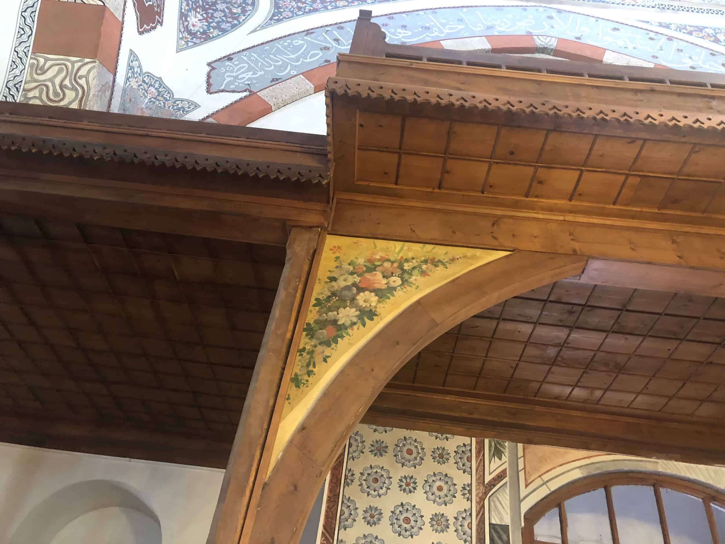 Painting on the woodwork above the entrance of the Old Mosque (Eski Cami)