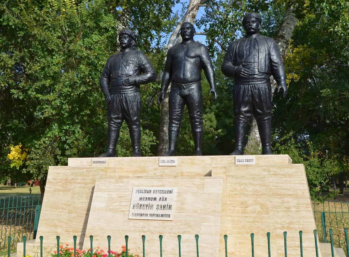 Monument to wrestlers at the Kırkpınar Wrestling Complex outside the Edirne city center, Turkey