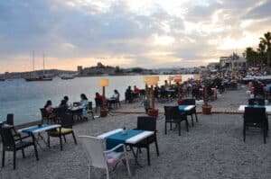 Tables on the beach in Bodrum, Turkey