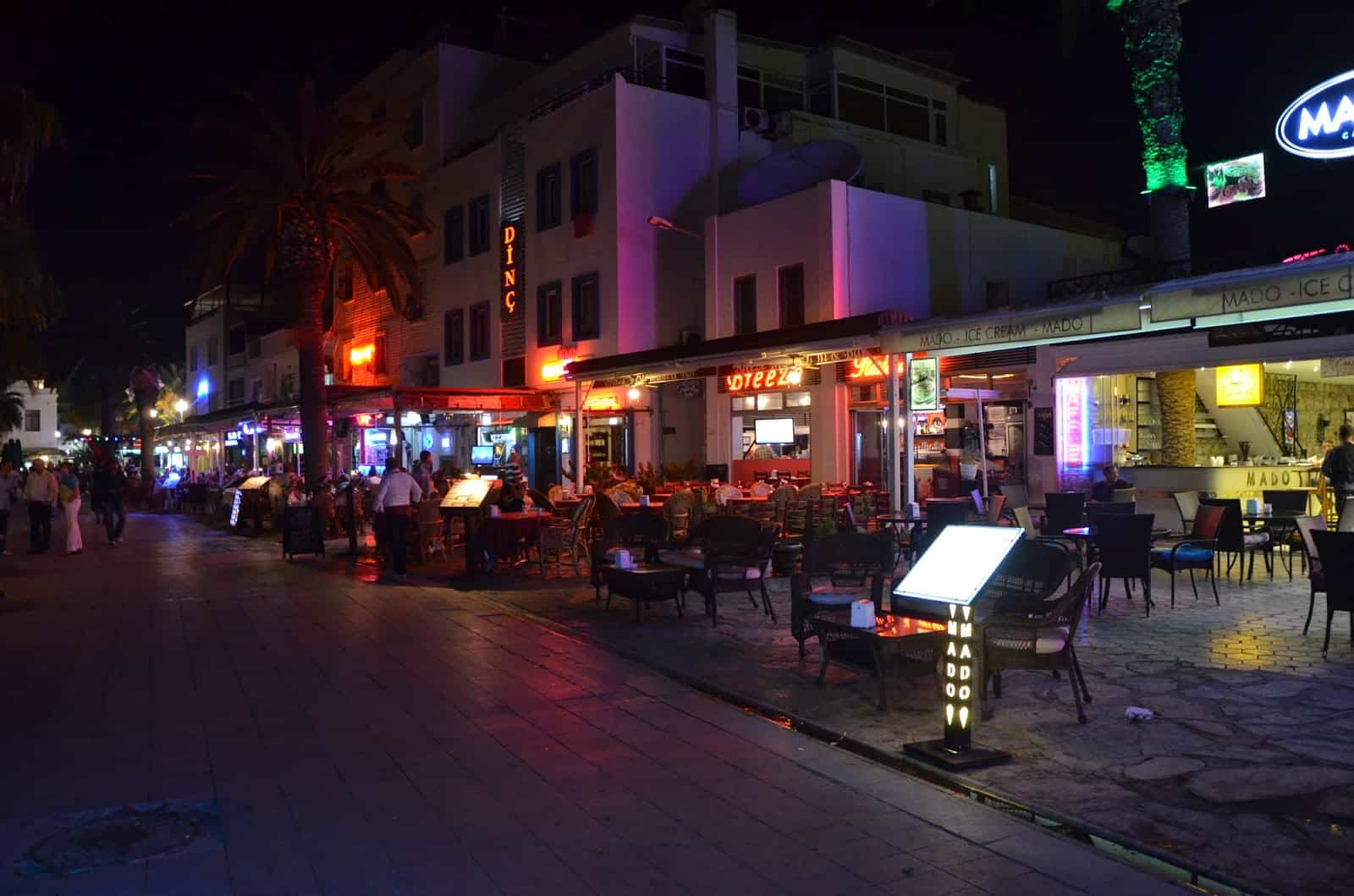 Restaurants across from the beach on Cumhuriyet Street in Bodrum, Turkey