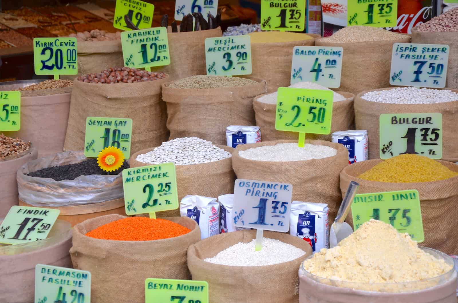 Grains, rice, and spices in Üsküdar, Istanbul, Turkey