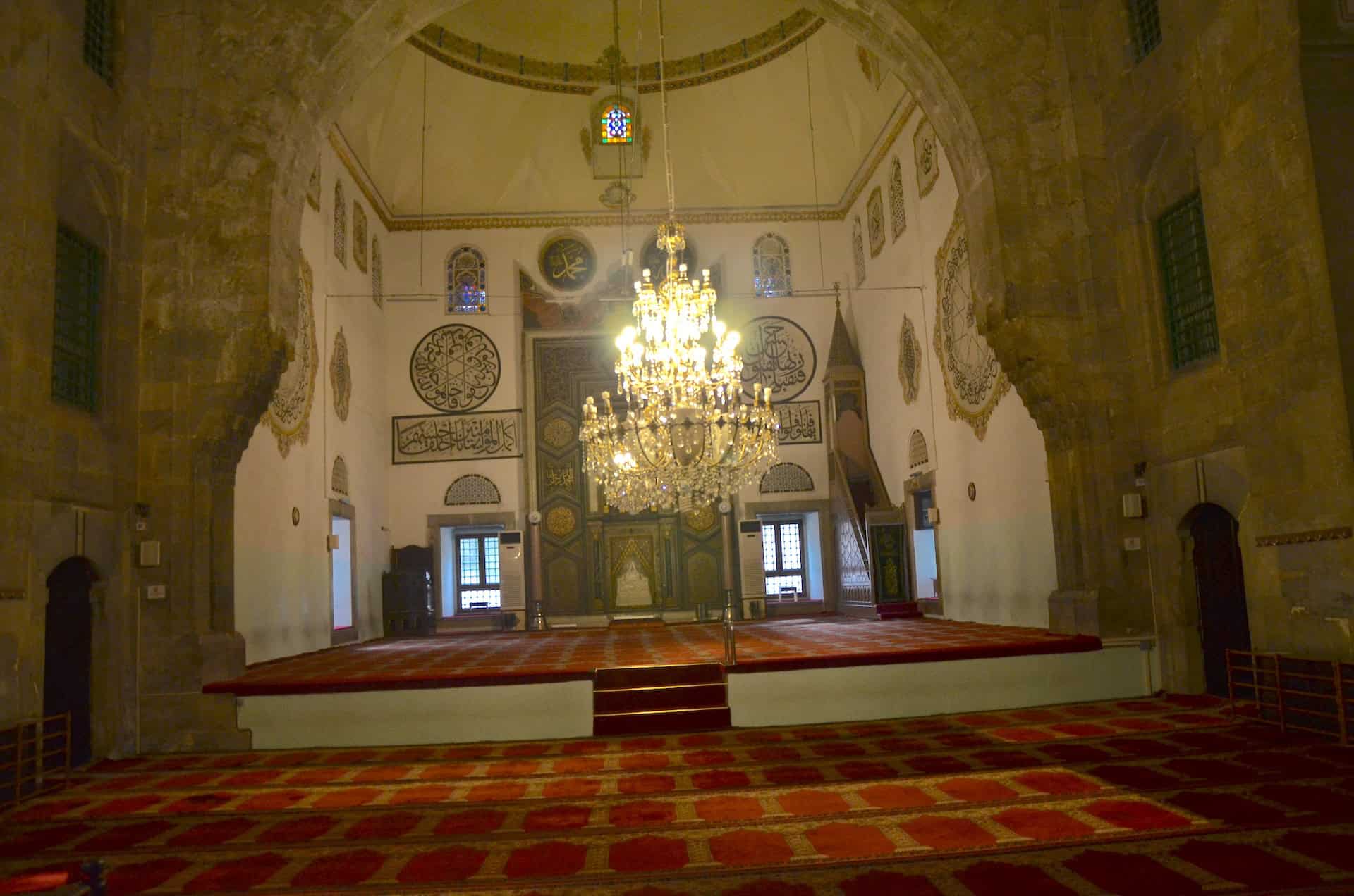 Central hall and arch of the Bayezid I Mosque at the Yıldırım Bayezid Complex in Bursa, Turkey