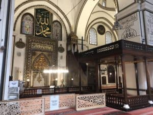 Mihrab, minbar, and muezzin's loge of the Grand Mosque in Bursa, Turkey