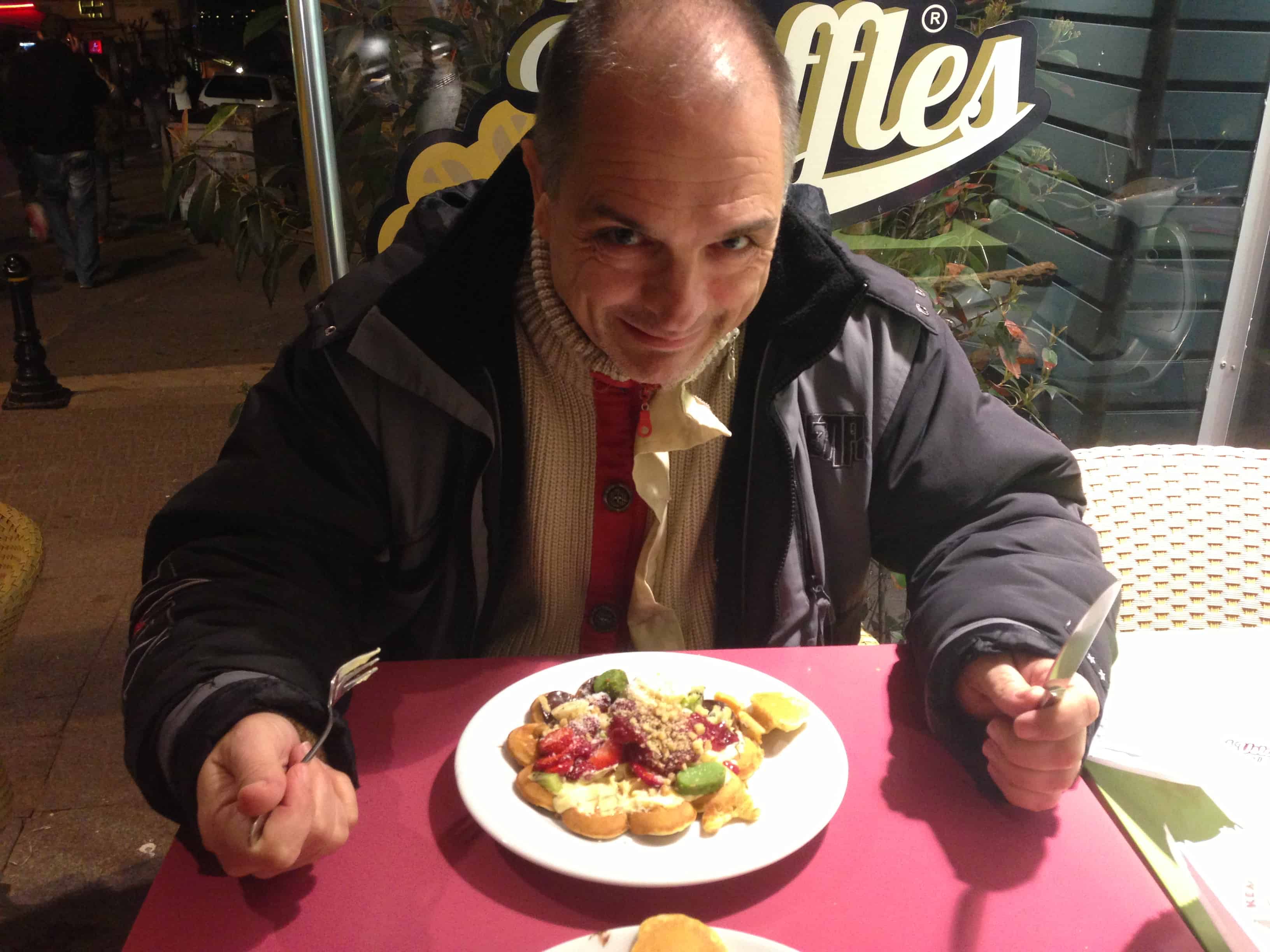 Martin getting ready to dig into his waffle at Kemal Usta Waffle in Moda, Kadıköy, Istanbul, Turkey