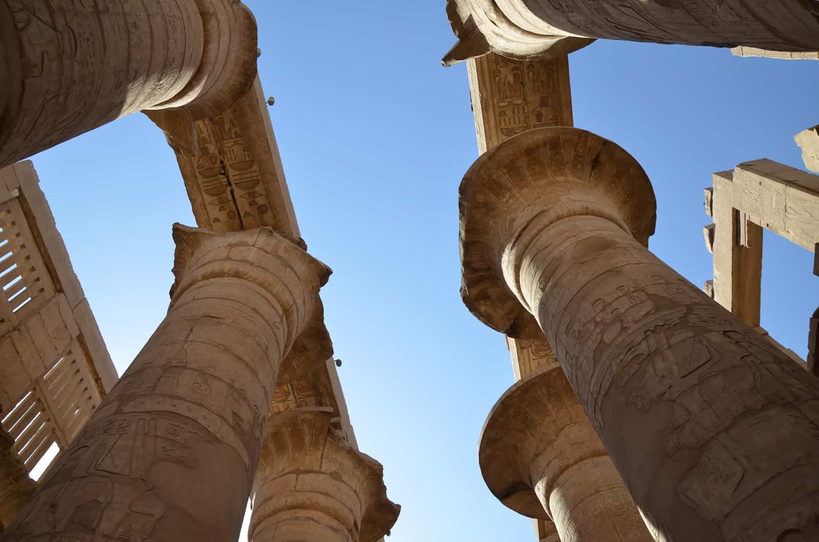 Looking up at the columns in the Hypostyle Hall