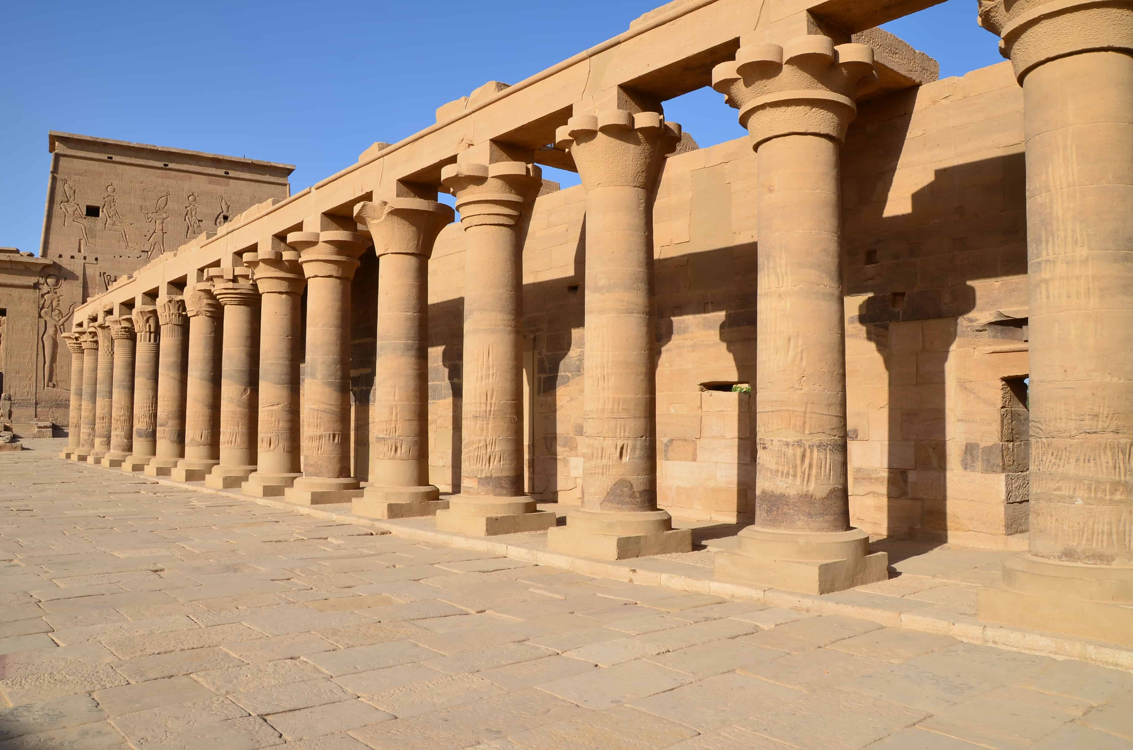 Eastern colonnade at Philae Temple on Agilkia Island in Egypt