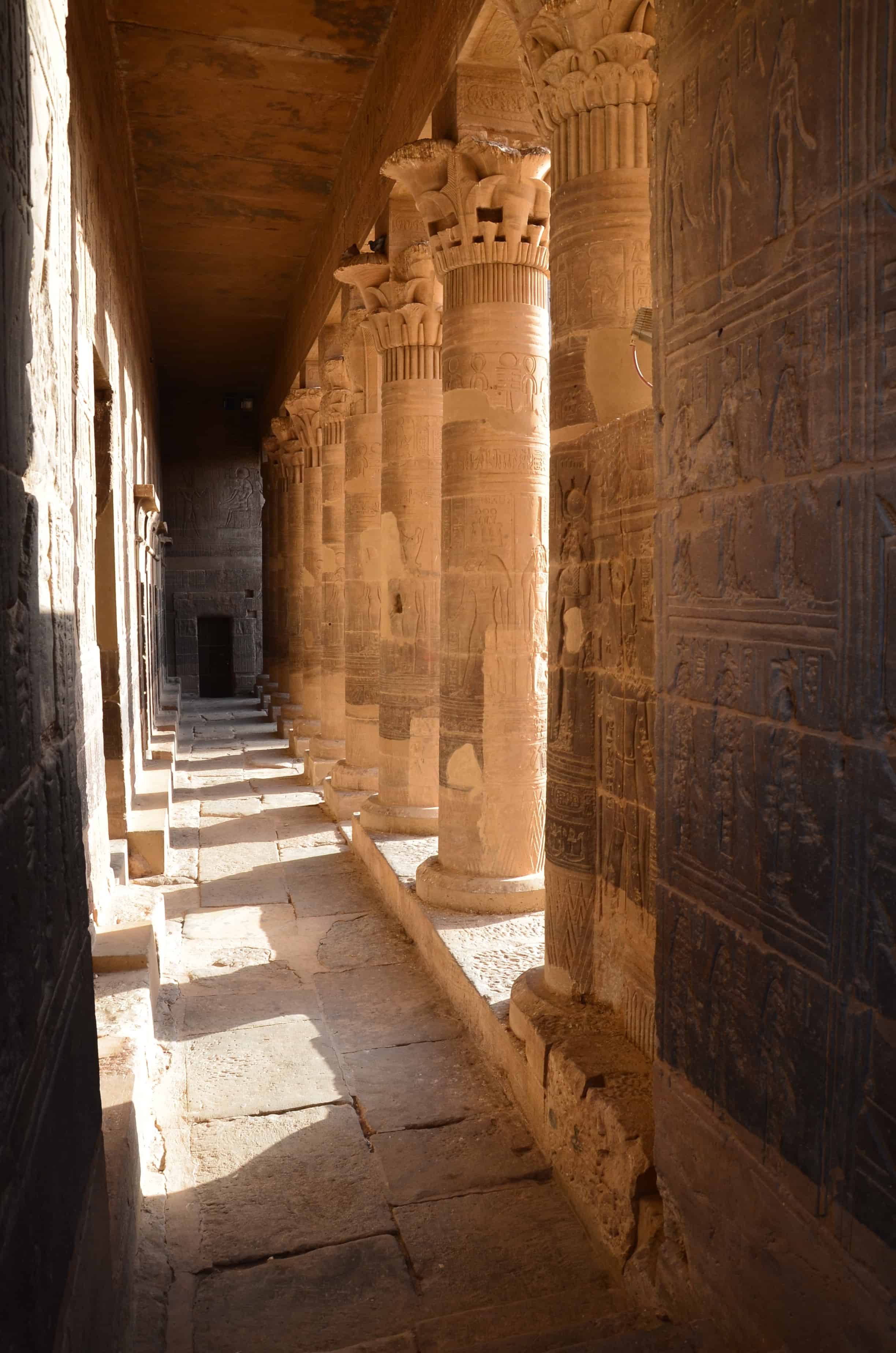 Western colonnade at Philae Temple on Agilkia Island in Egypt