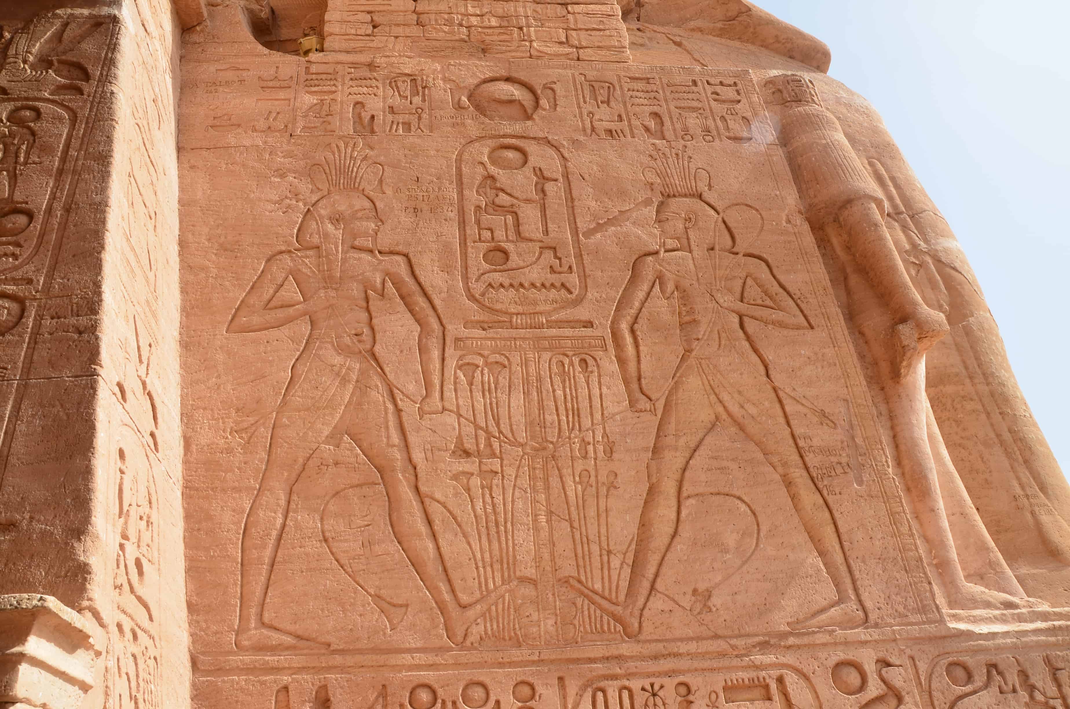 Hieroglyphic relief outside the entrance to the Temple of Ramses II at Abu Simbel, Egypt