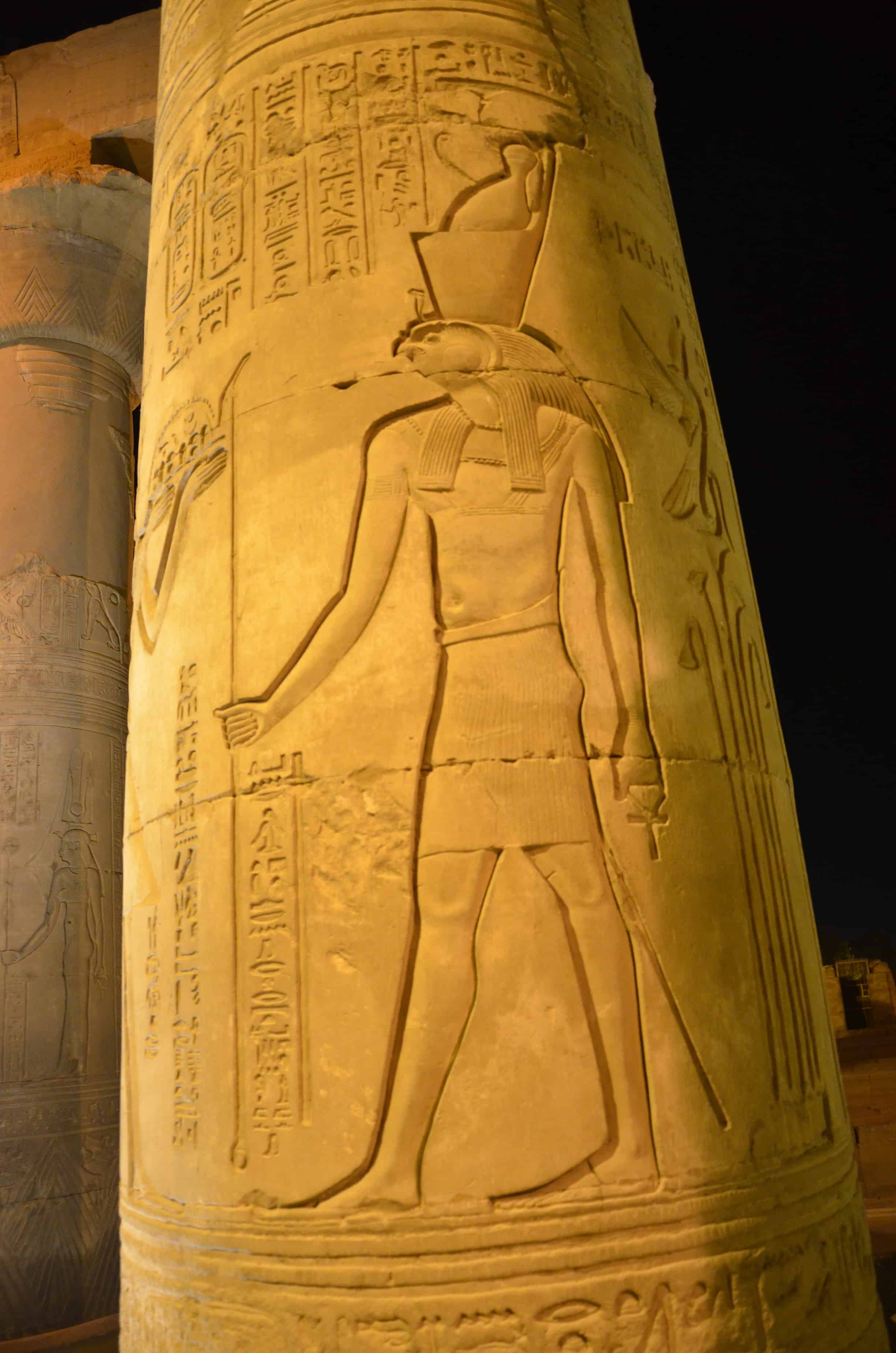Hieroglyphics on a column at the Temple of Kom Ombo, Egypt