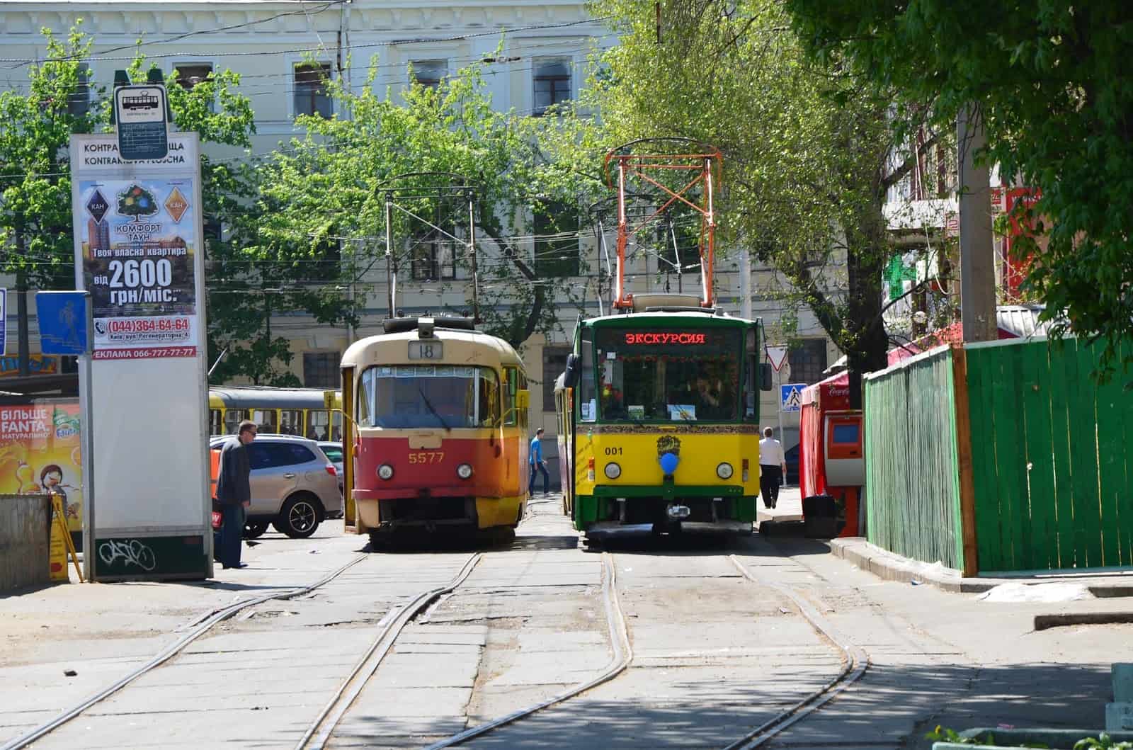Trams leaving from Kontraktova Square in Kyiv, Ukraine