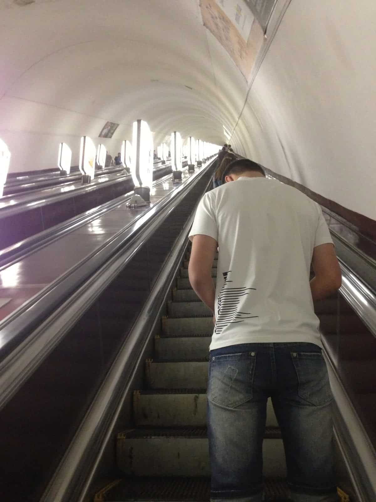 If you ride the Metro, take a book. The escalators are long. in Kyiv, Ukraine