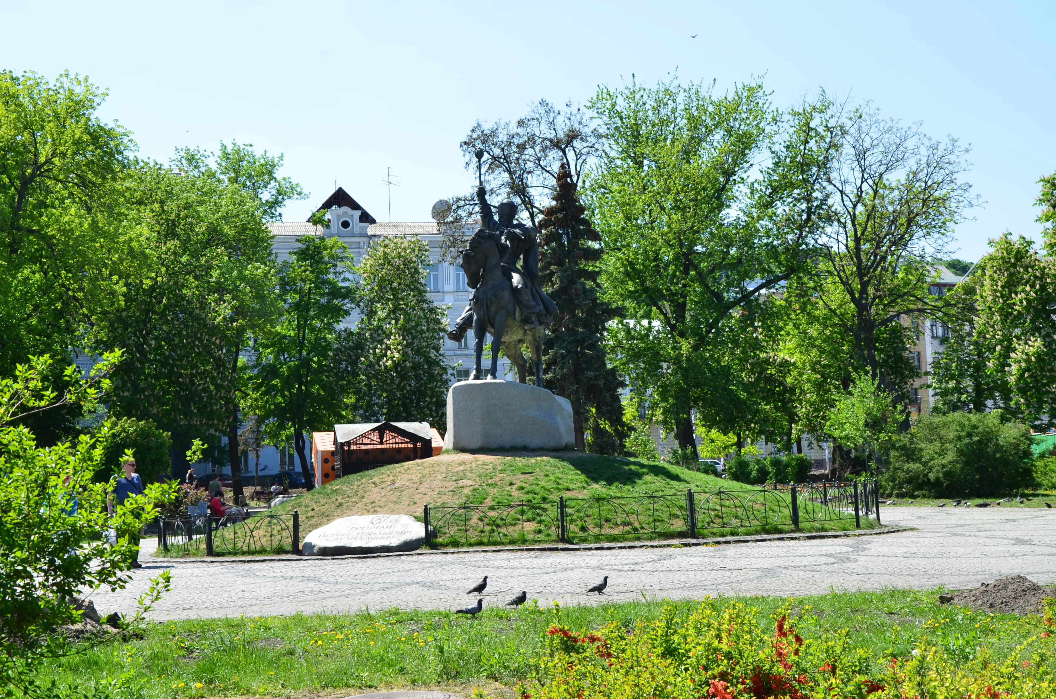 Petro Sahaydachny monument on Kontraktova Square in Podil, Kyiv, Ukraine