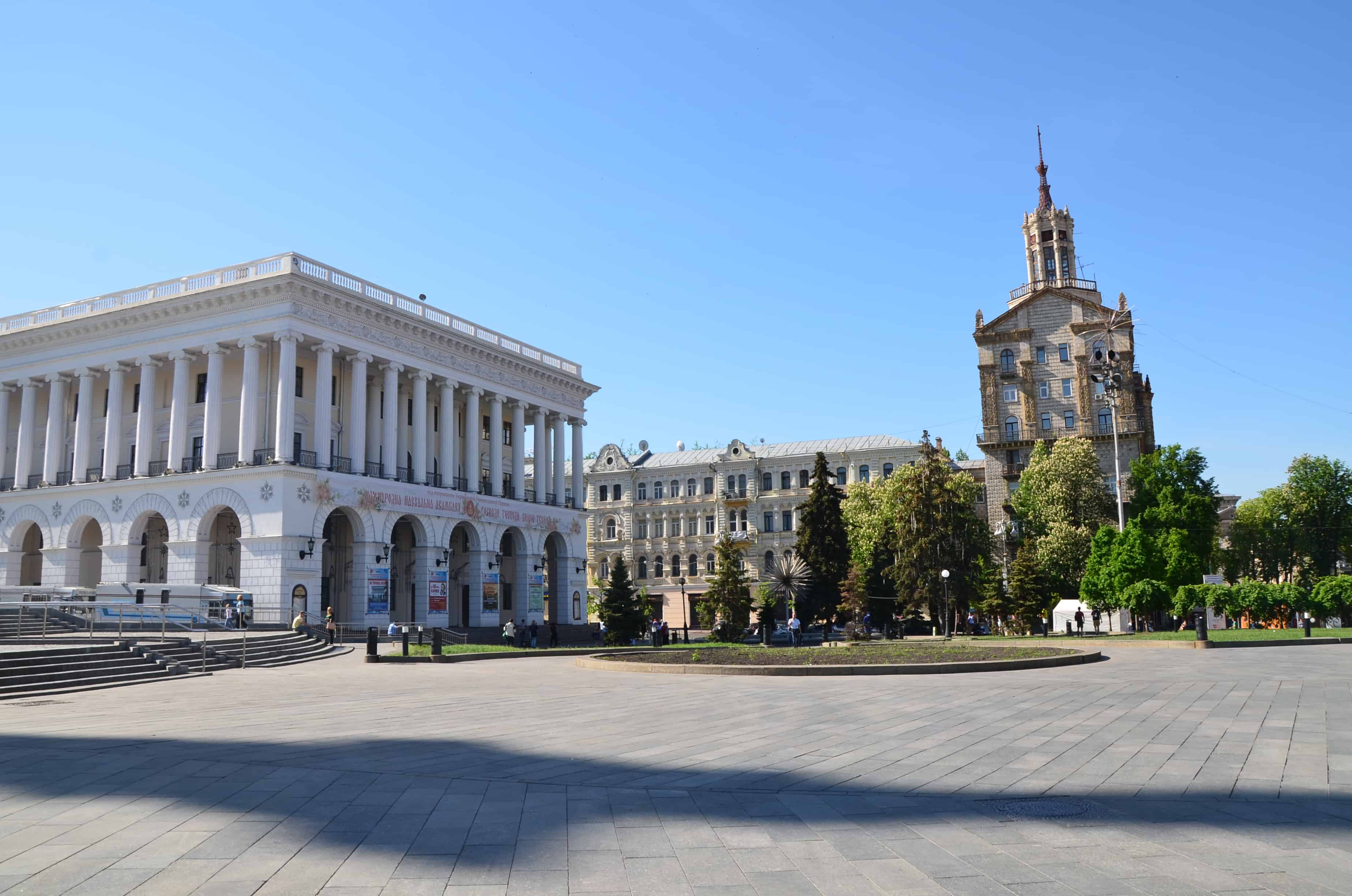 Concert Hall of the Kyiv Conservatory (left) and Ukraine State Department of Food (right) at Independence Square in Kyiv, Ukraine