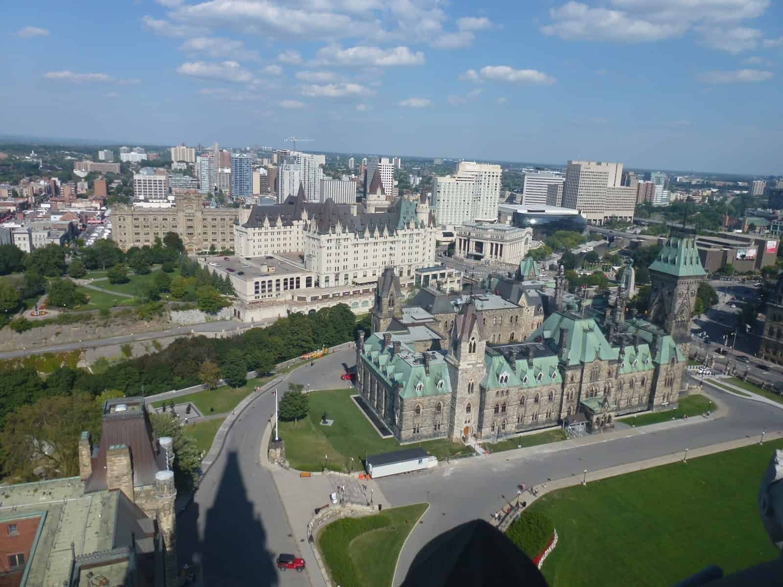 East Block and Château Laurier from the Peace Tower in Ottawa, Ontario, Canada