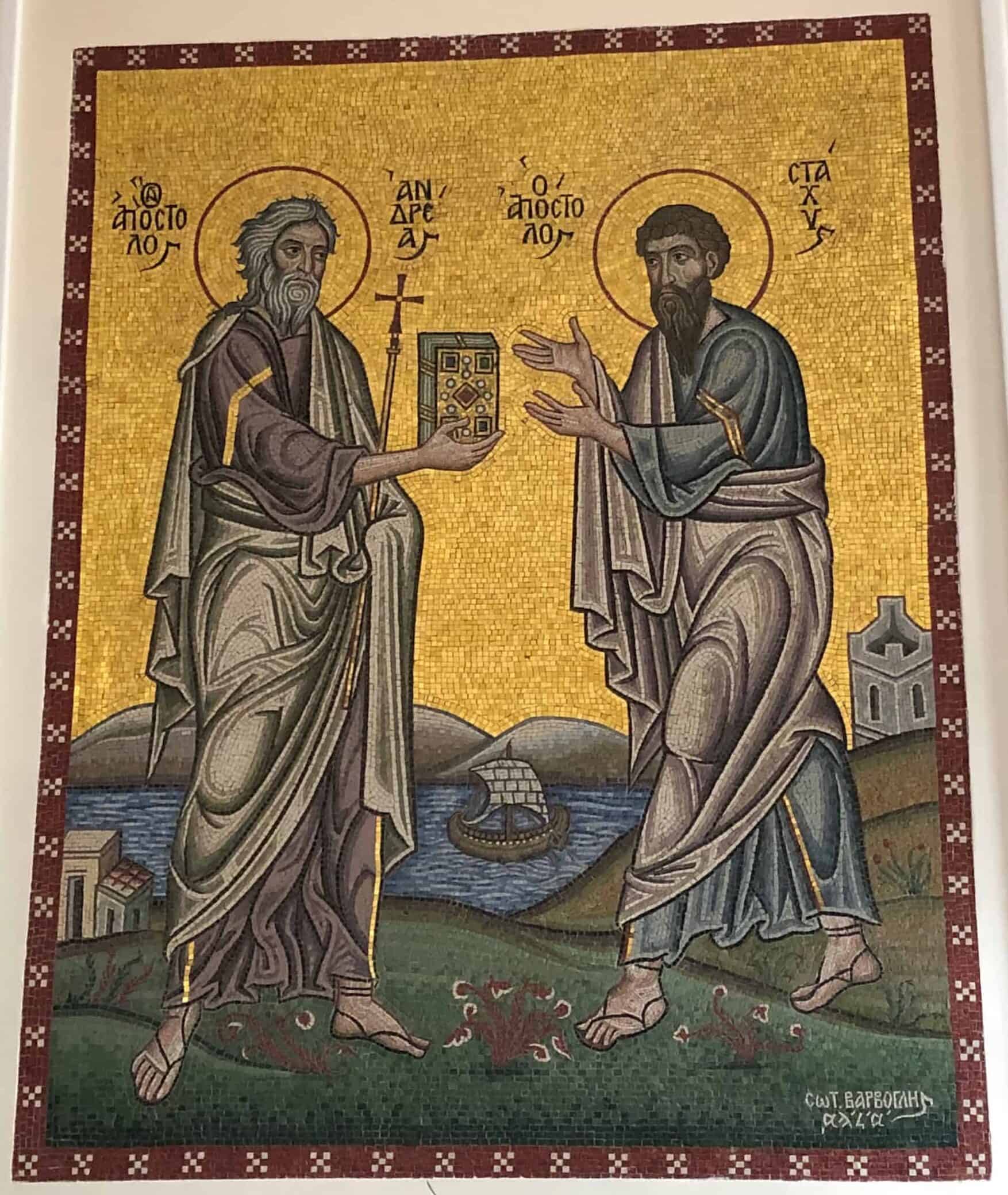 St. Andrew the Apostle passing a bible to St. Stachys the Apostle at the Patriarchal complex of the Ecumenical Patriarchate of Constantinople in Istanbul, Turkey