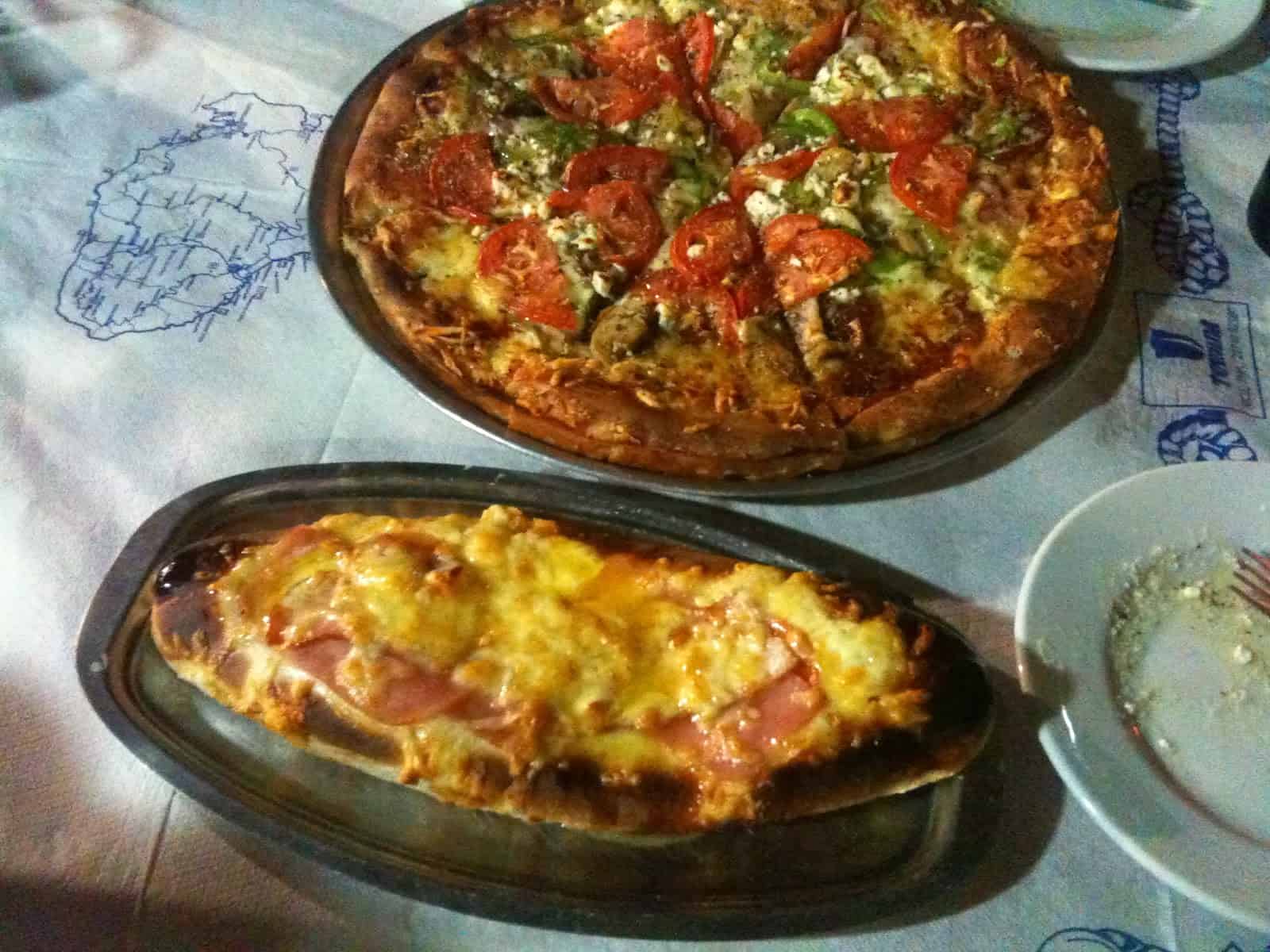 Pizza (top) and peynirli (bottom) at Likos in Komi, Chios, Greece