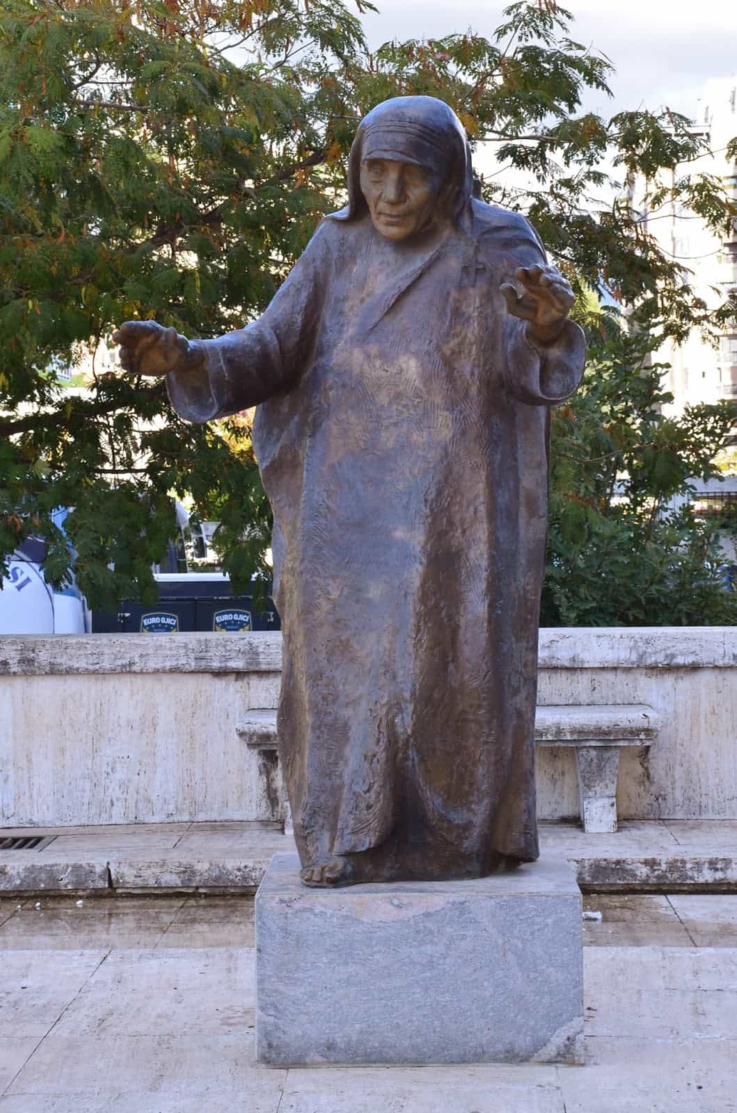 Creepy statue of Mother Teresa in Tiranë, Albania