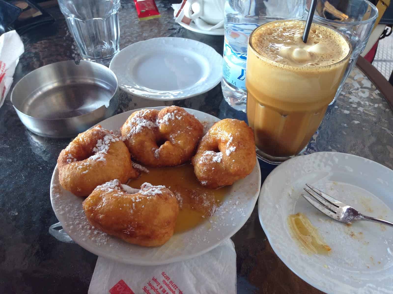 Loukoumades and Frappe at Ahni & Kanella in Chora, Chios, Greece