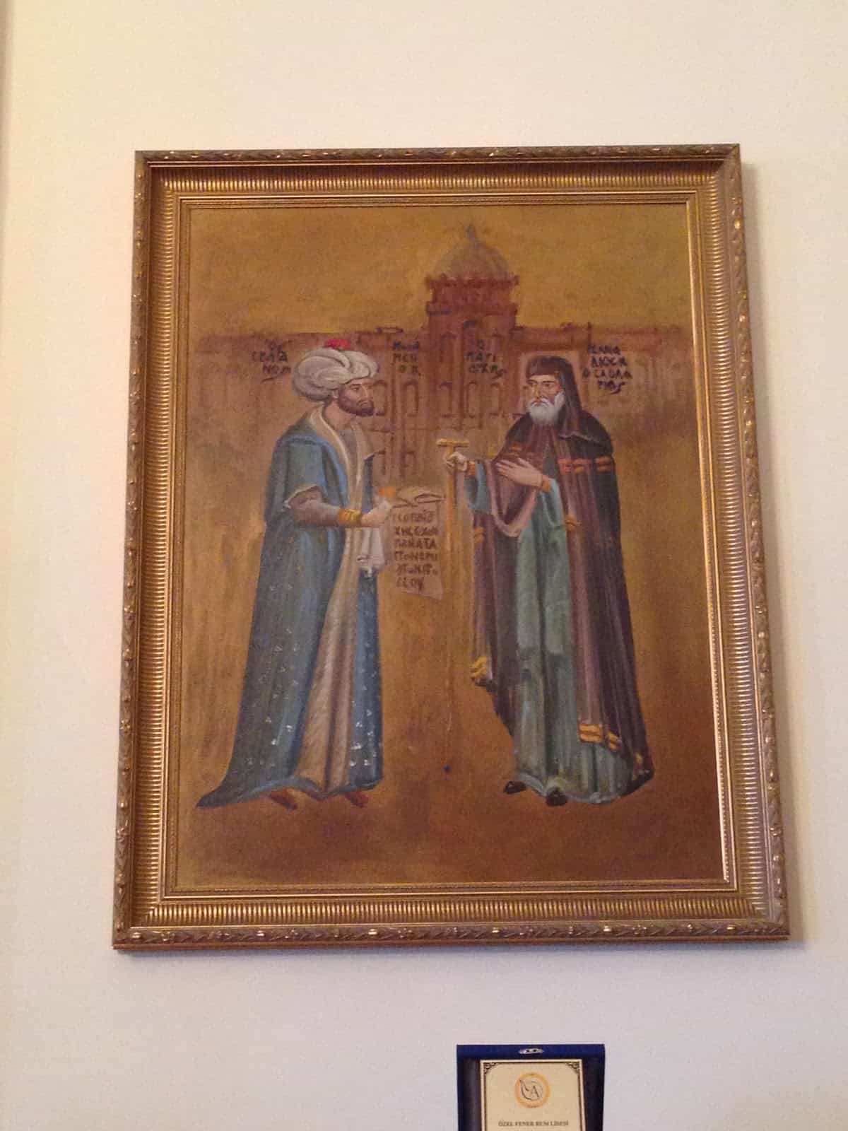 A painting showing the cooperation of Mehmed II and Patriarch Gennadios in 1453 at Great School of the Nation in Fener, Istanbul, Turkey