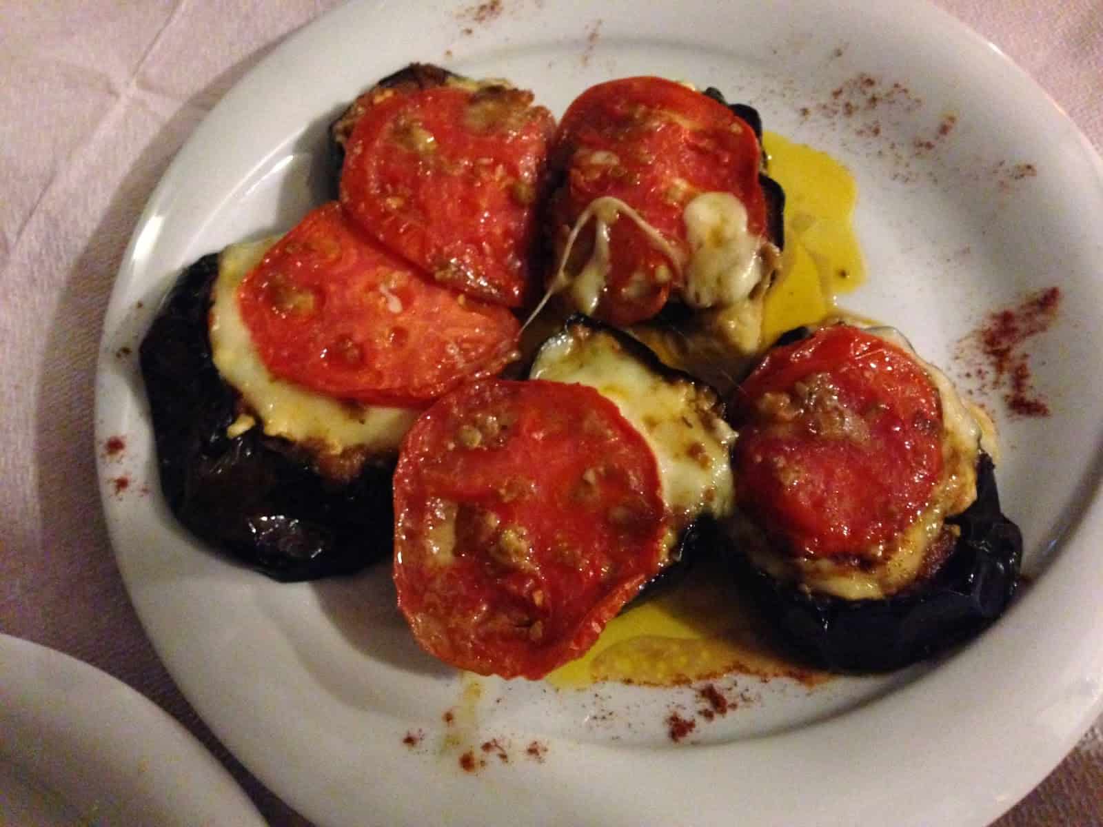 Baked eggplants with cheese and tomato at Bahari in Chios, Greece