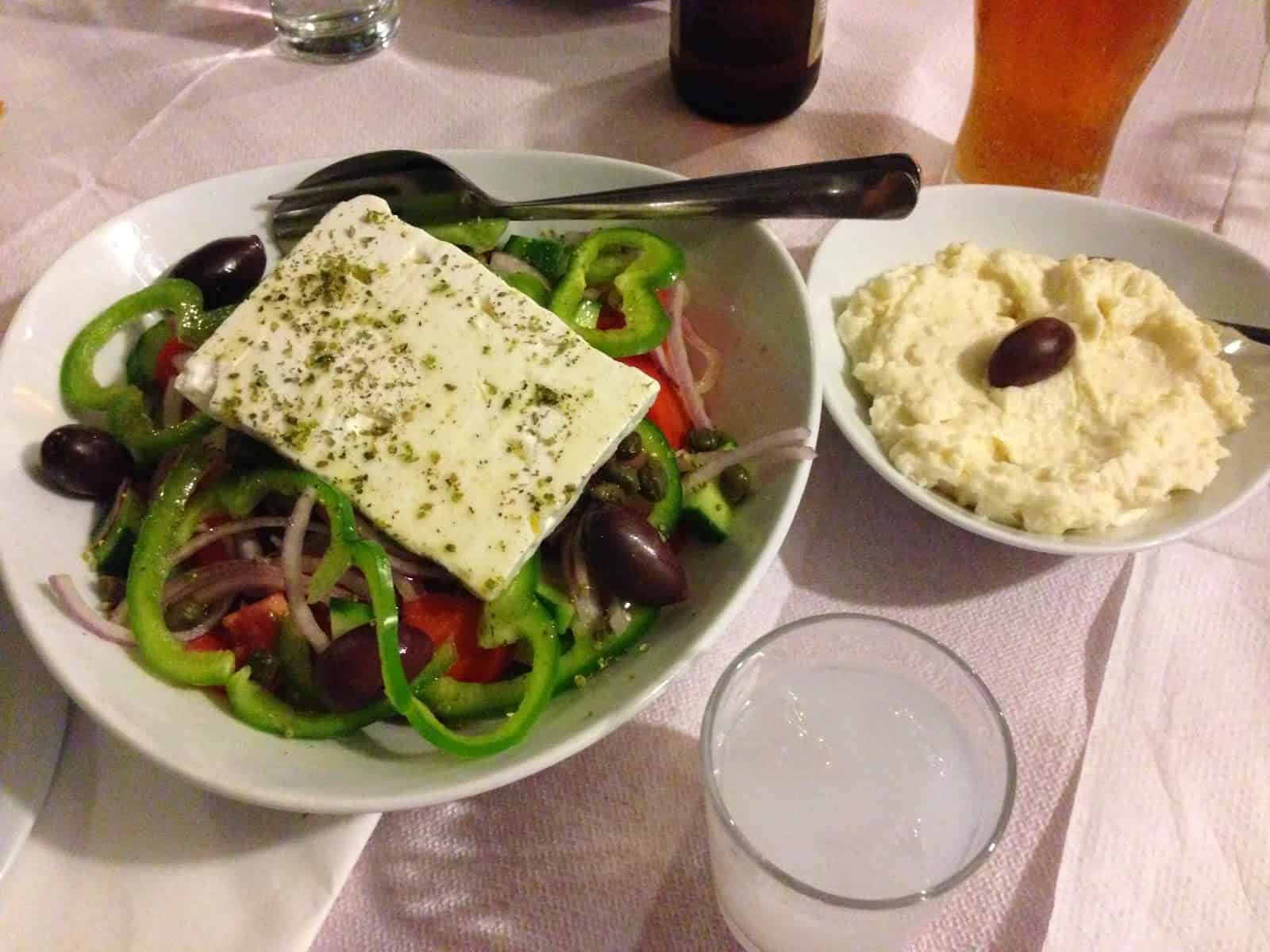 Greek village salad and skordalia at Bahari in Chios, Greece