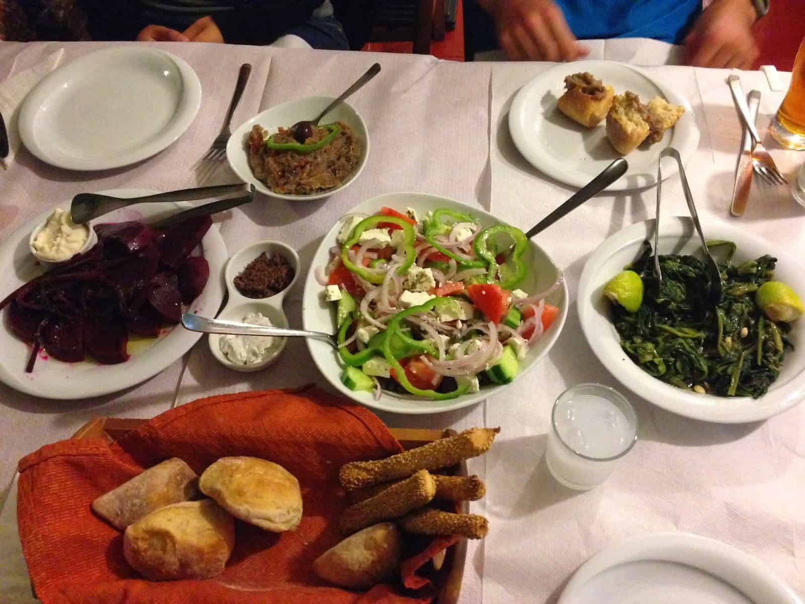 Beets, Greek village salad, and horta at Bahari in Karfas, Chios, Greece