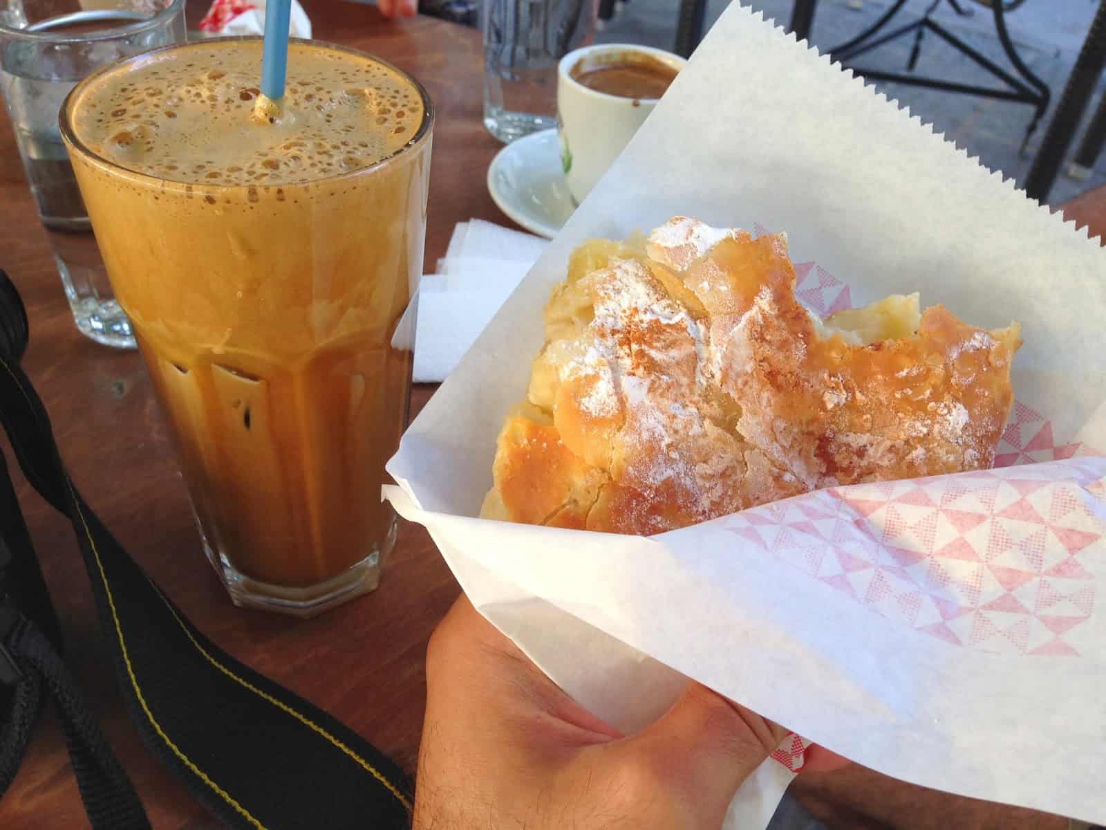 Frappe and bougatsa in Pyrgi, Chios, Greece