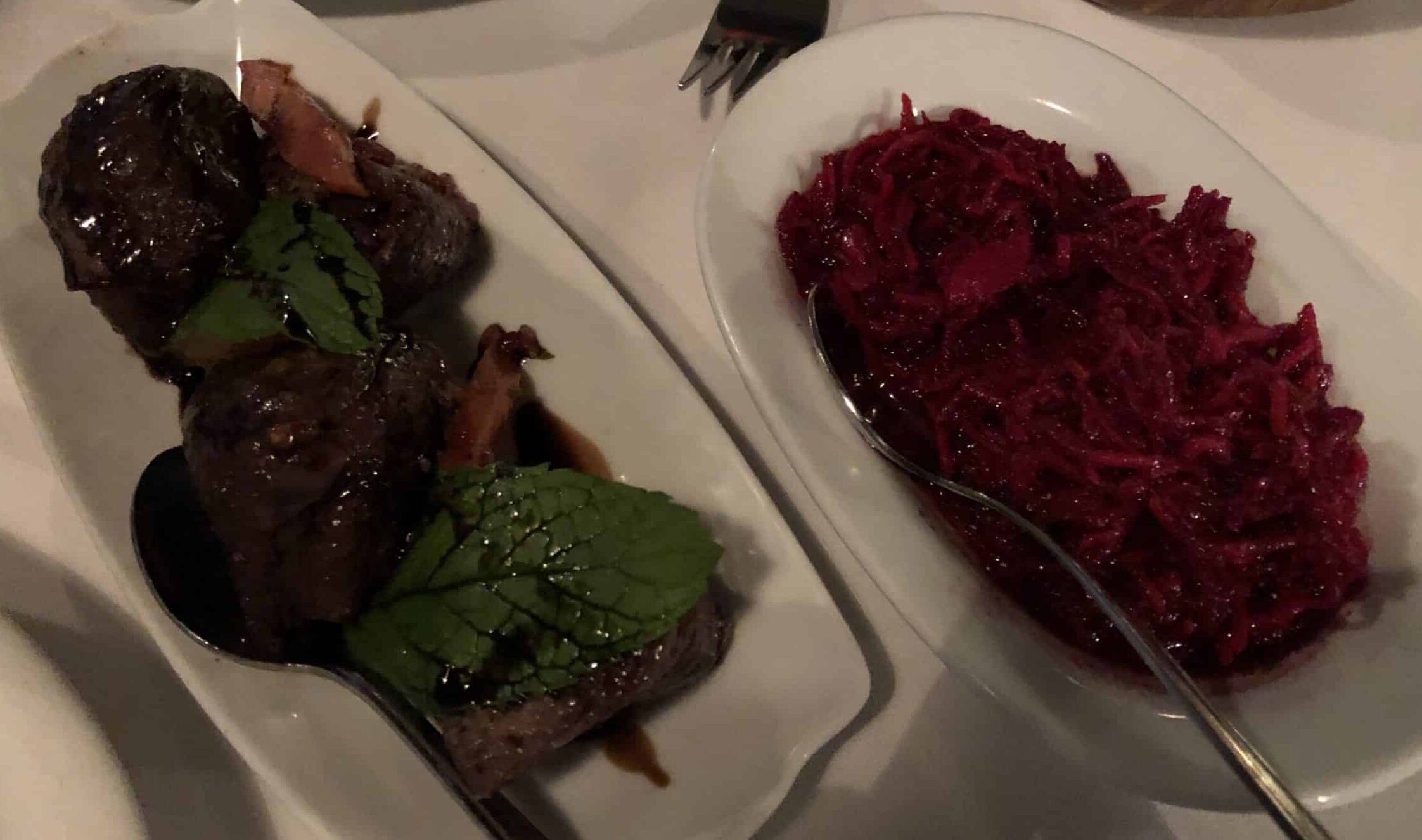 Eggplant stuffed with sour cherries (left) and beet salad (right) at Leb-i Derya
