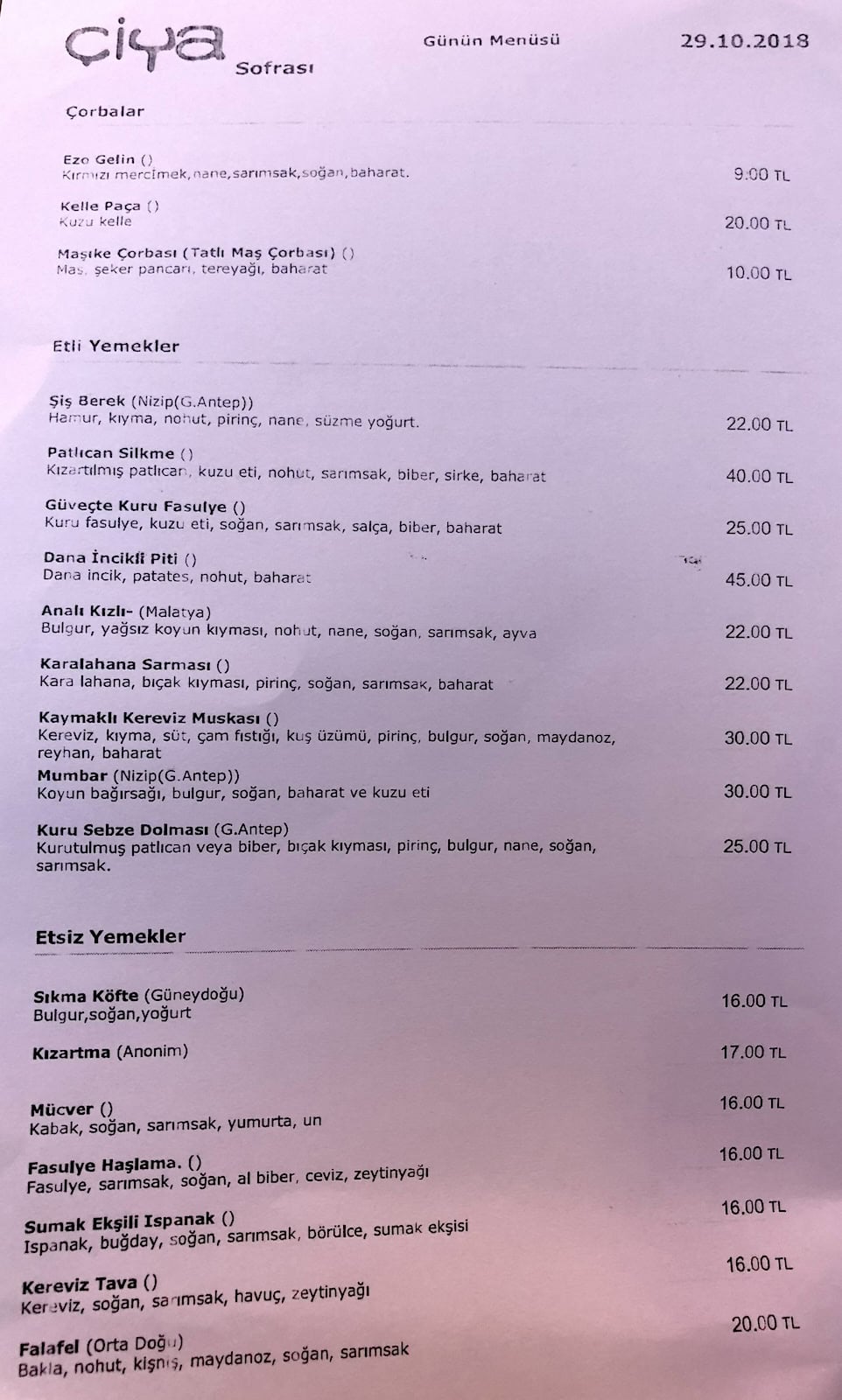 Daily specials at Çiya