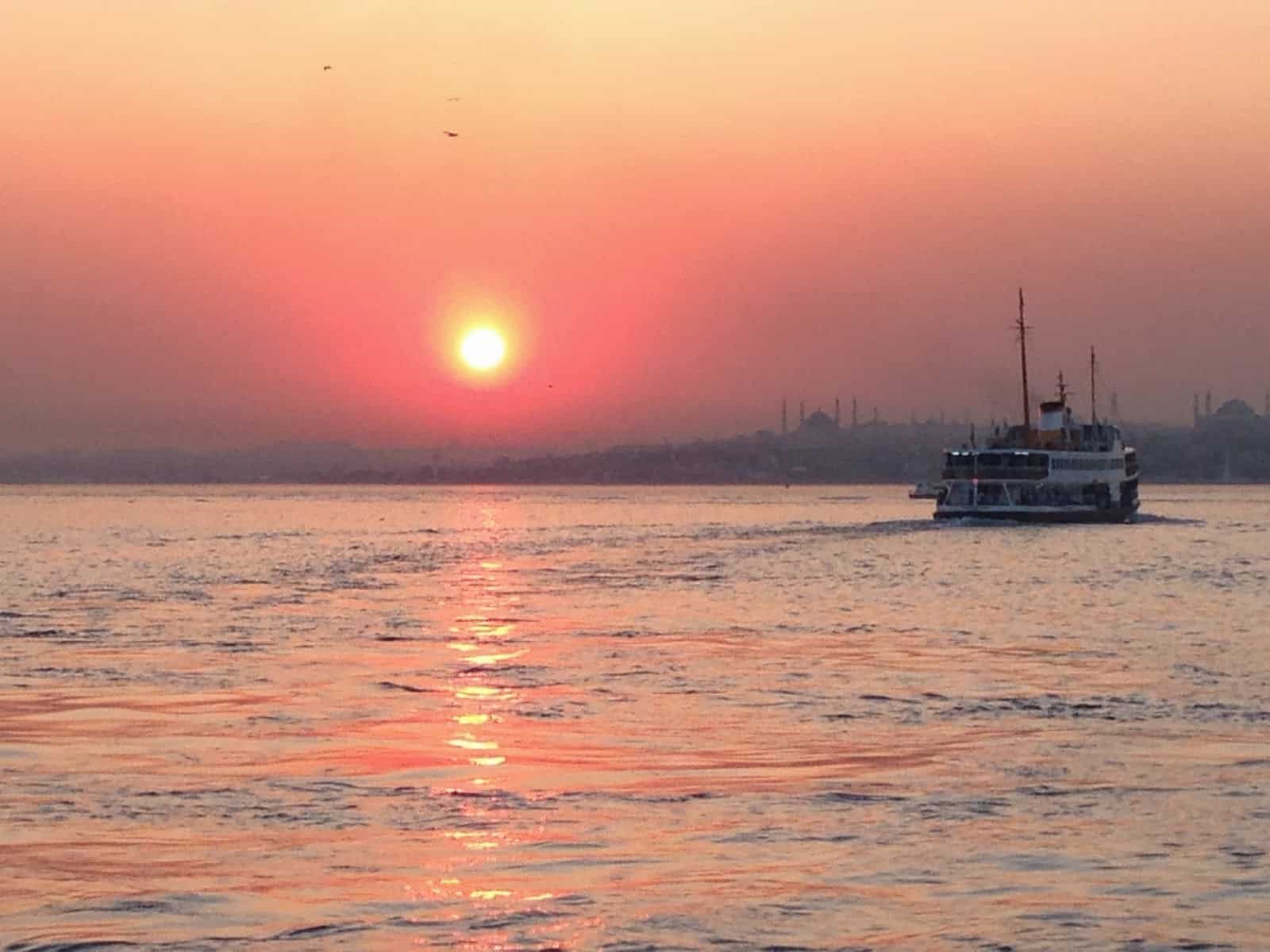 Sunset on a ferry from Kadıköy to Karaköy in Istanbul. Turkey