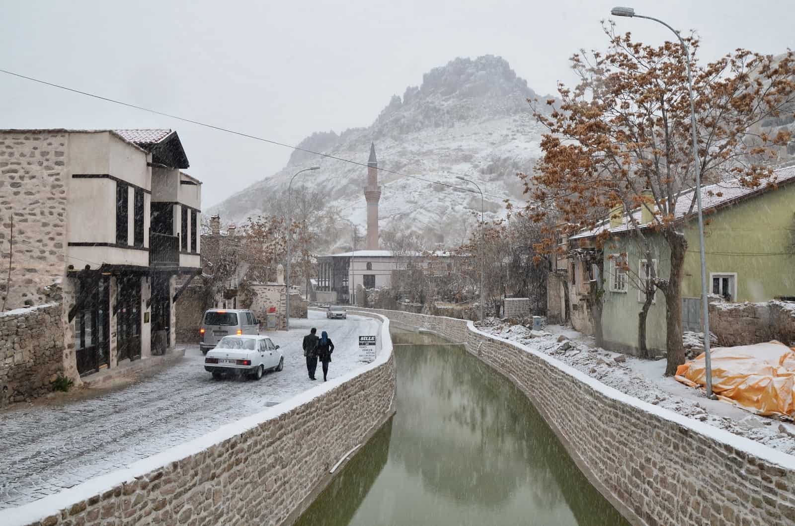Snow along the river in Sille, Turkey