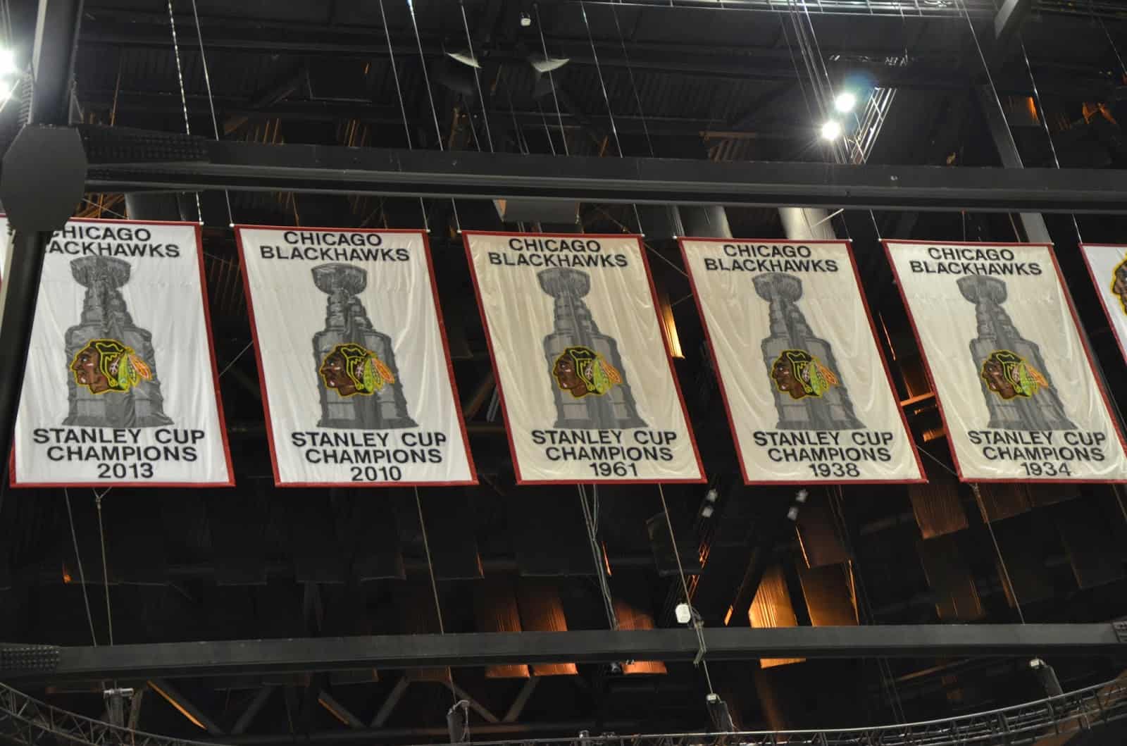 Stanley Cup championship banners at the United Center, Chicago, Illinois