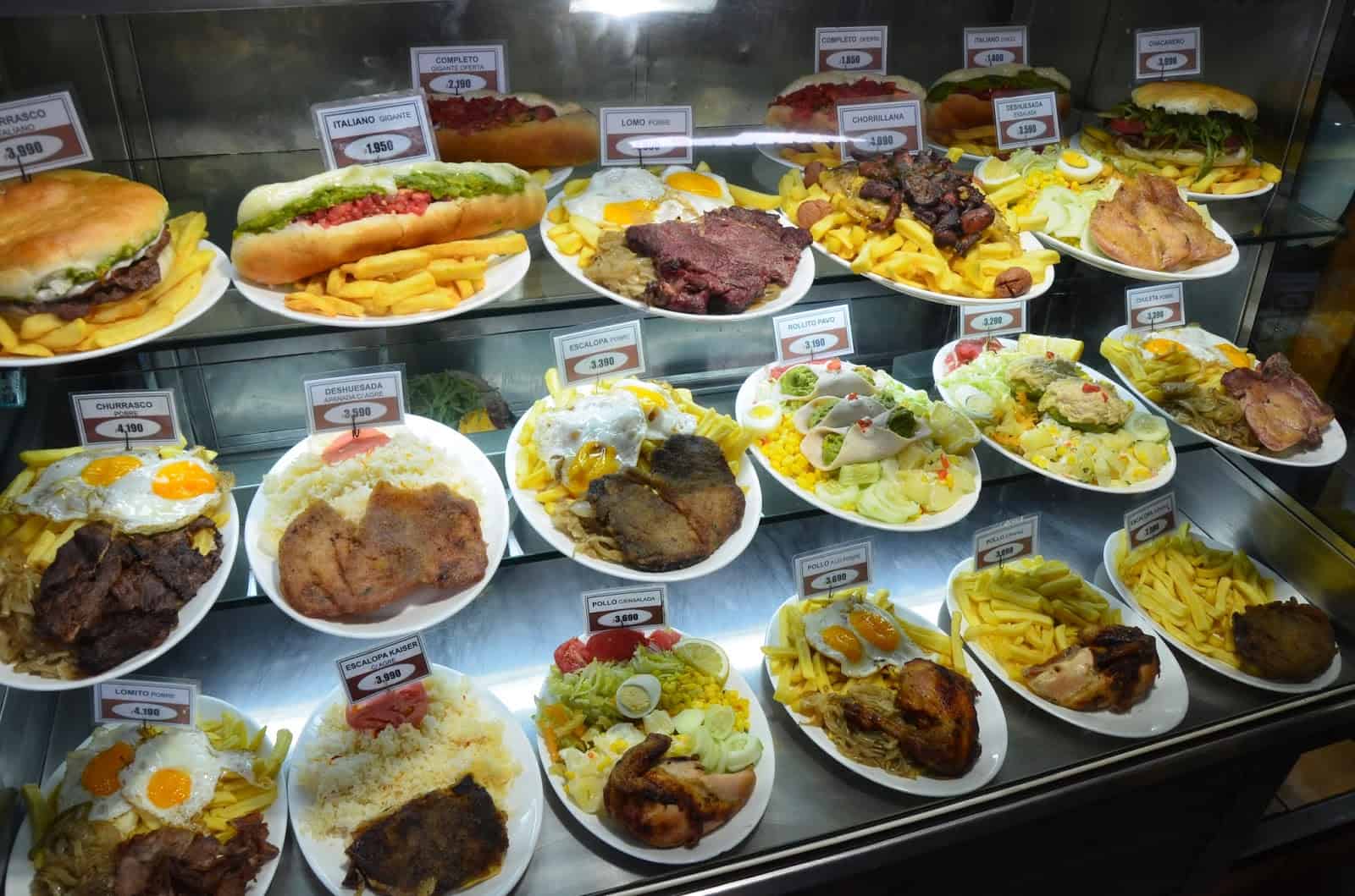 Chilean dishes at a lunch counter in Santiago de Chile